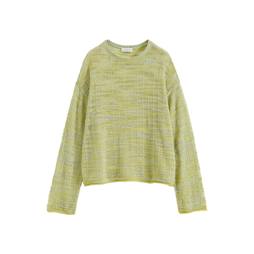 Two-Tone Curtain Placket Crew Neck Knit Top