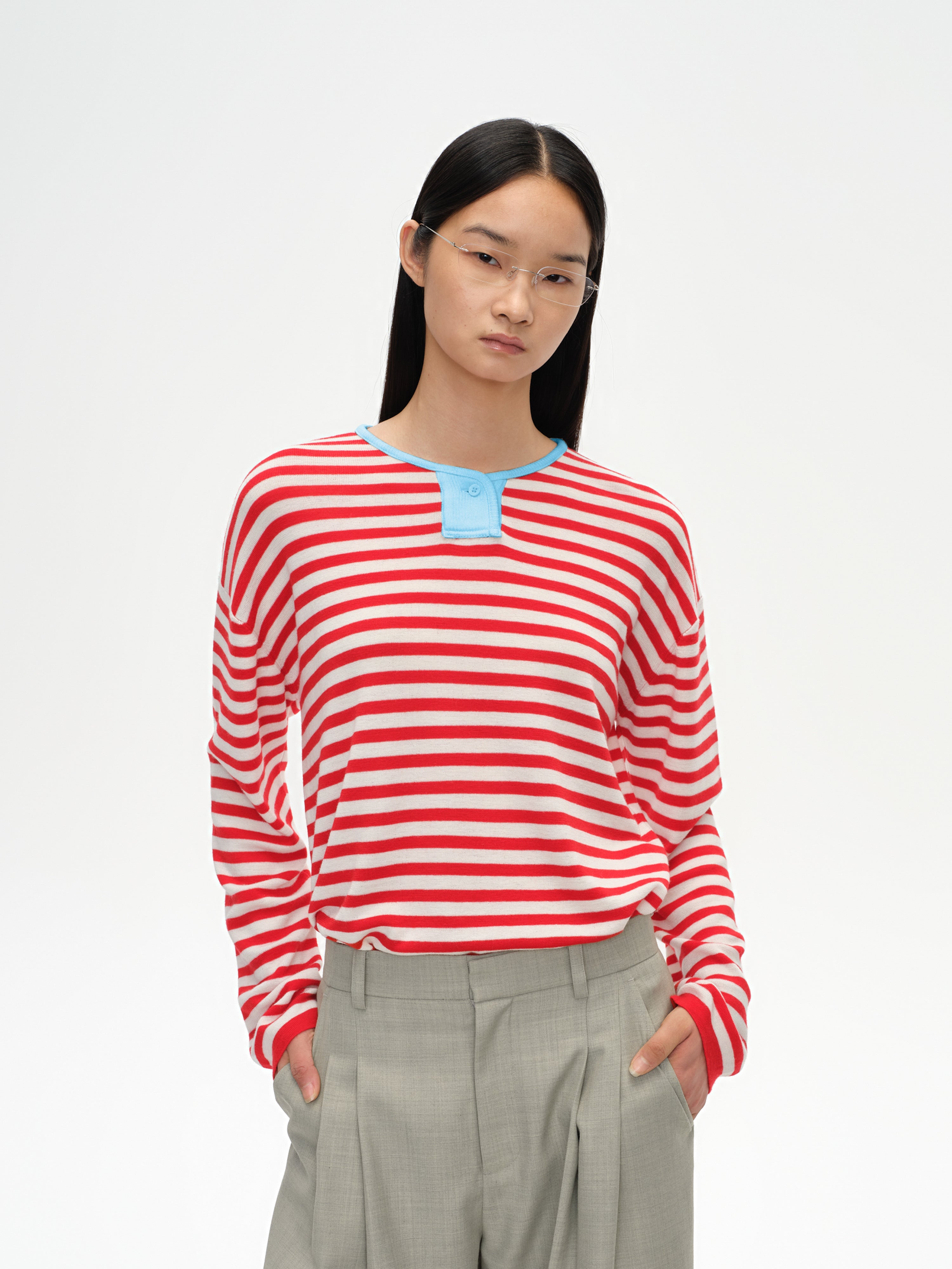 Contrast Stripe Stand Collar Top