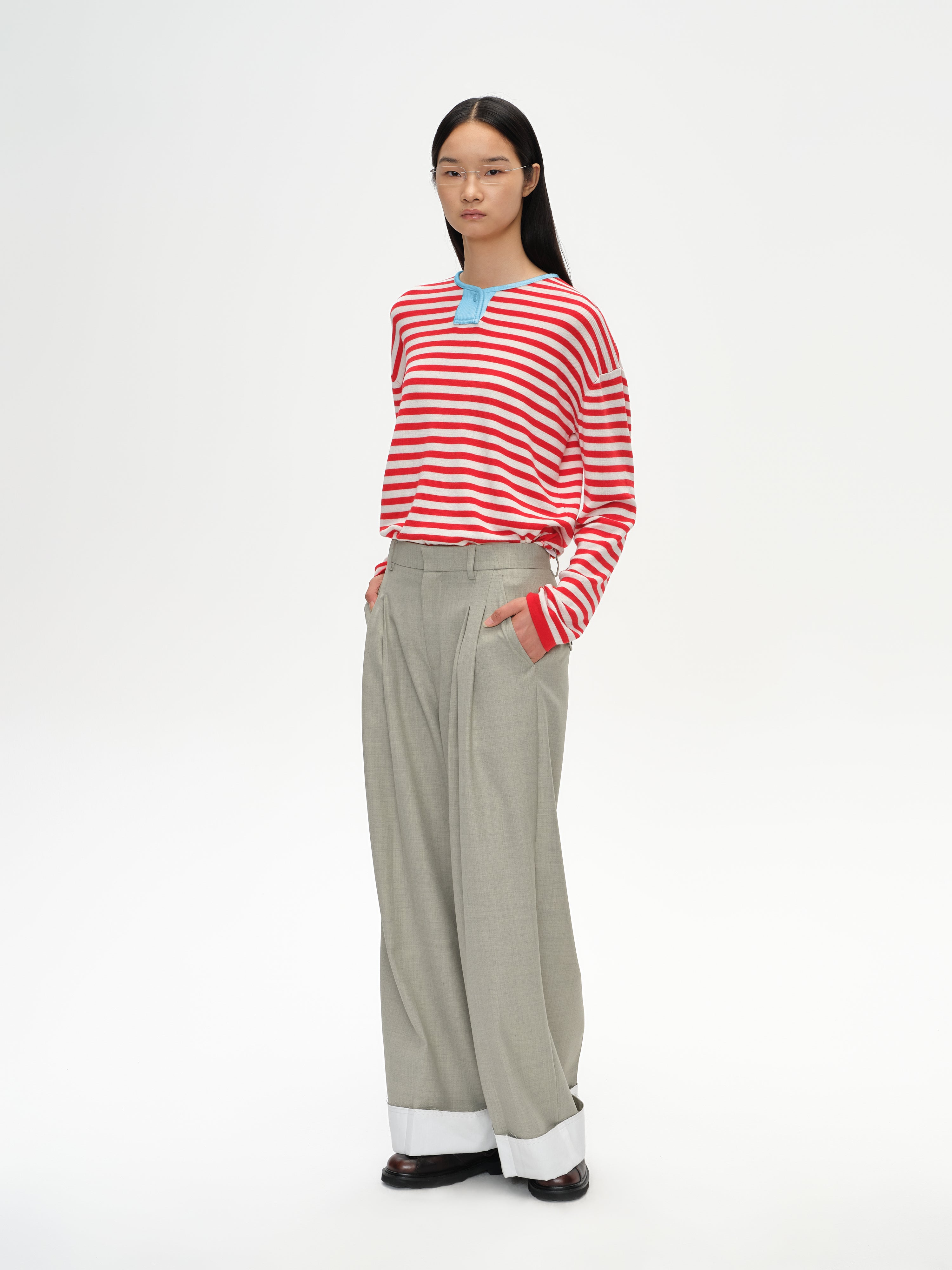 Contrast Stripe Stand Collar Top