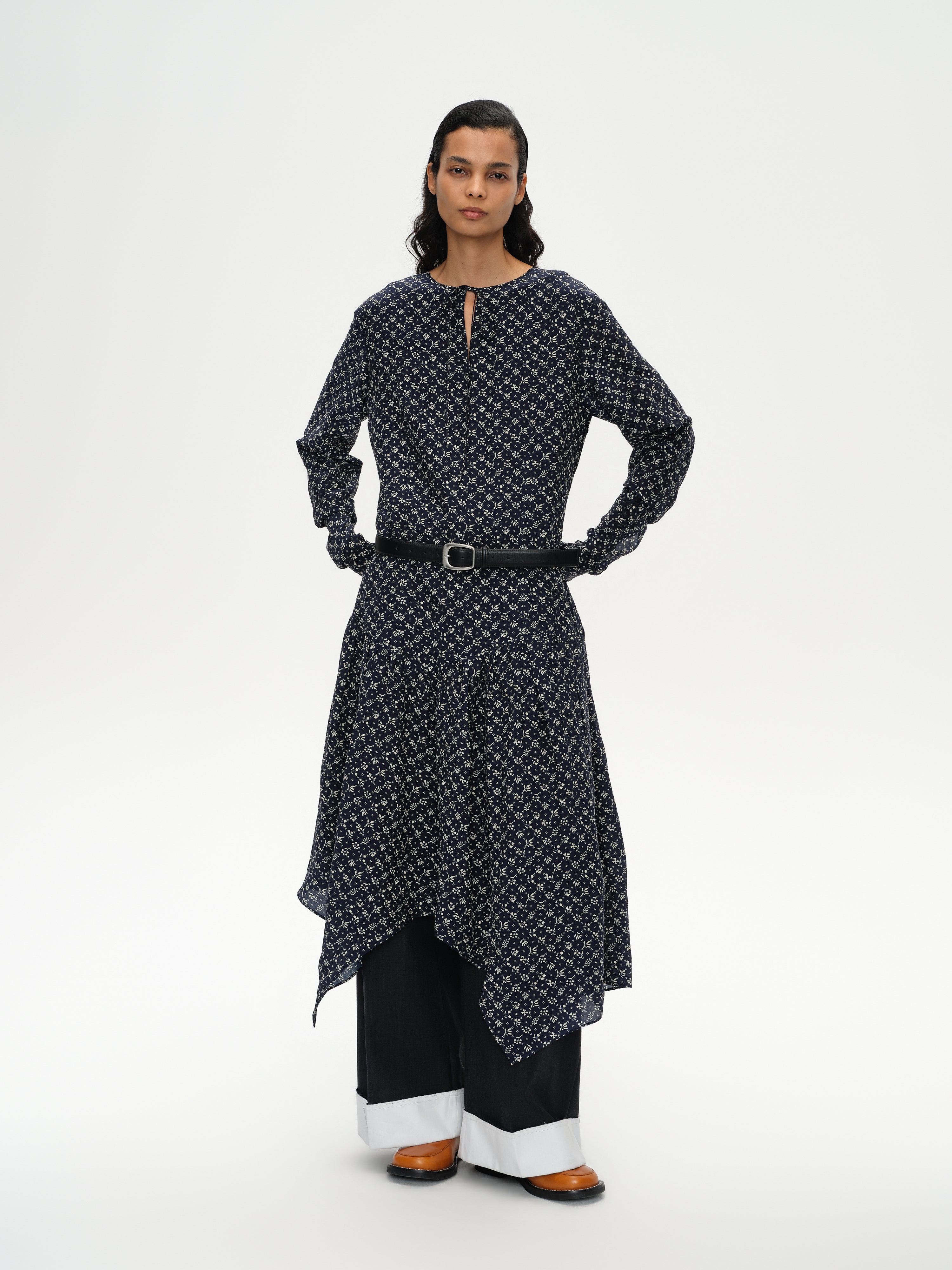 Daisy-Print Asymmetric Maxi Dress