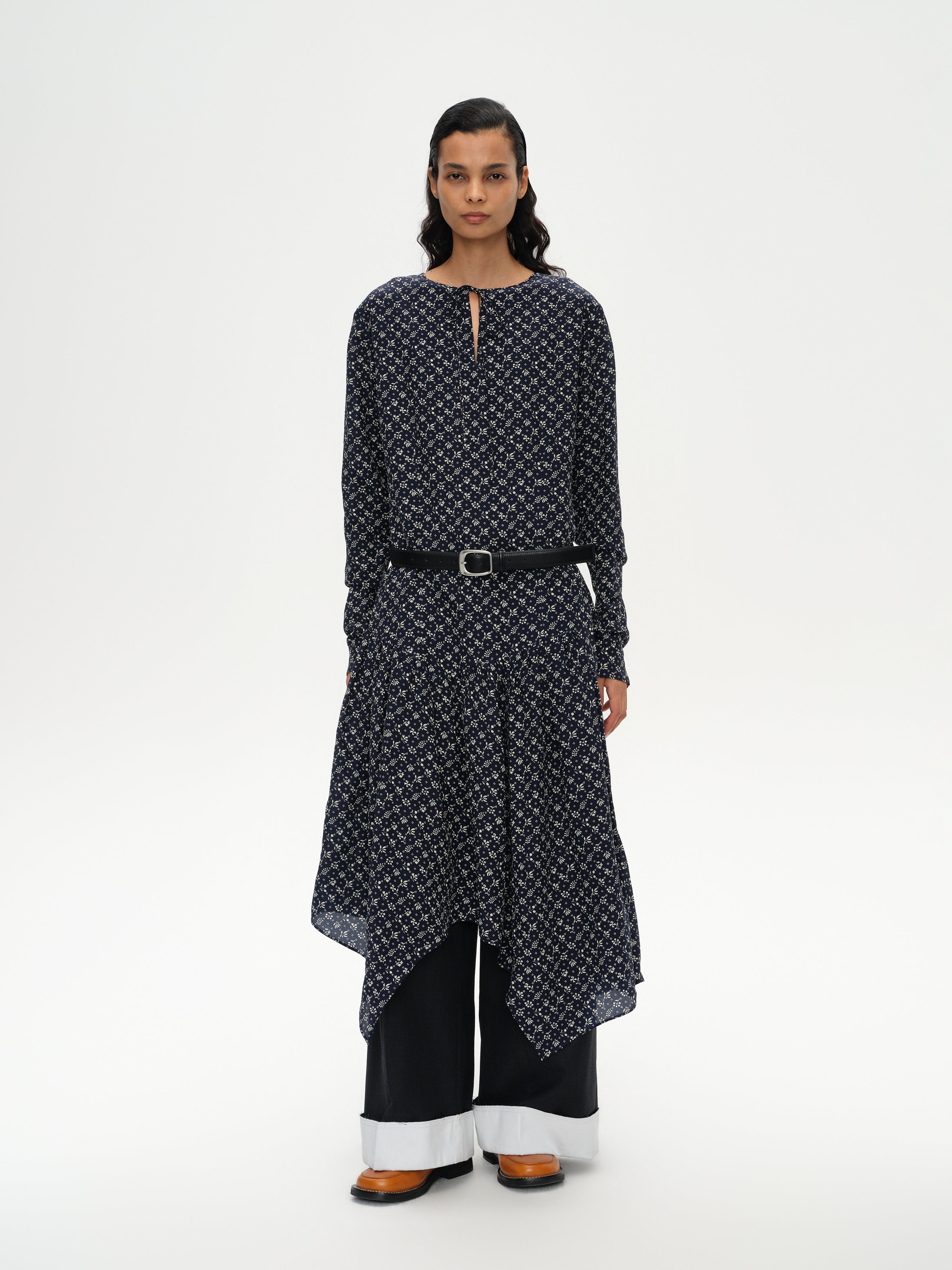 Daisy-Print Asymmetric Maxi Dress