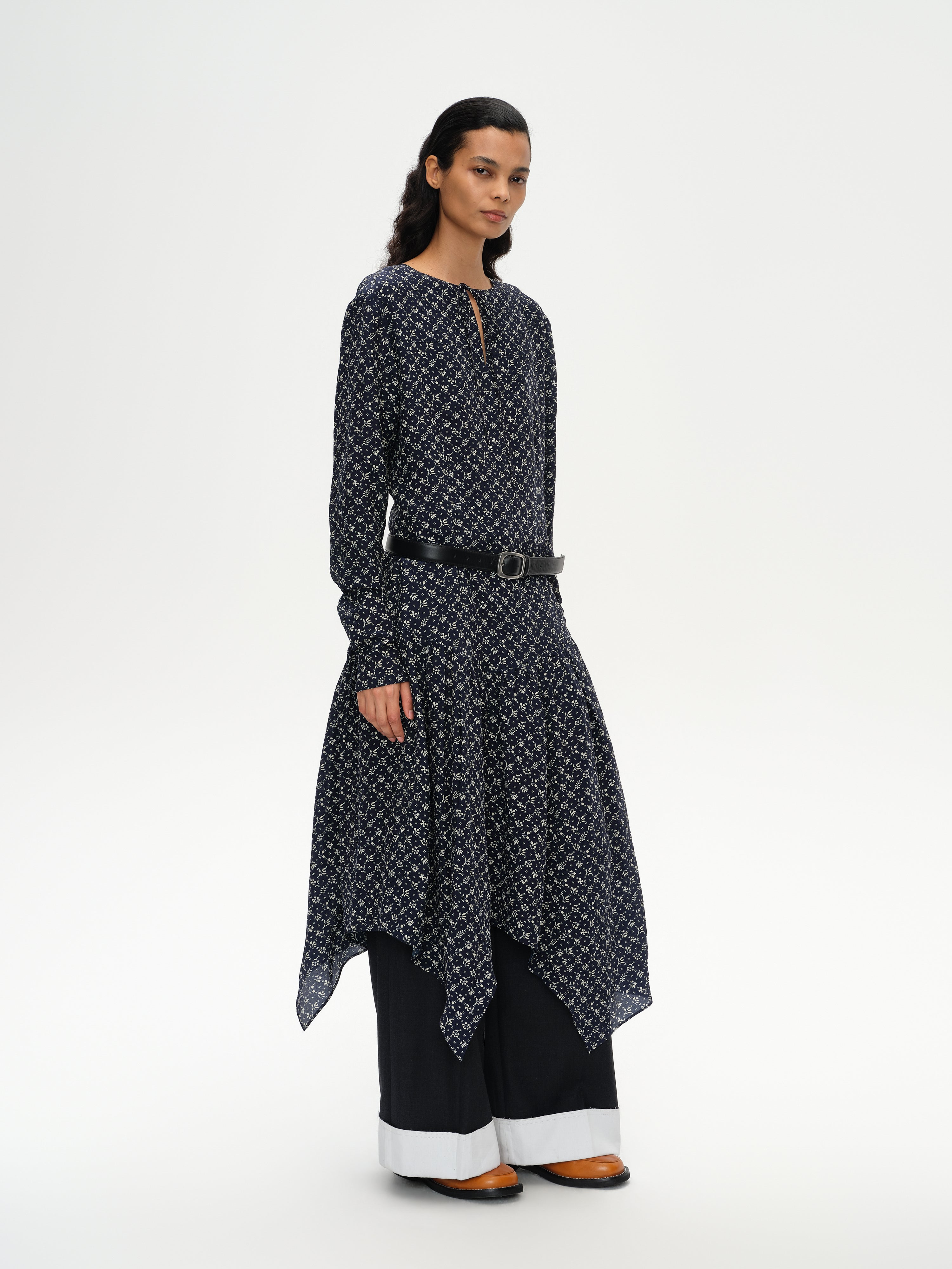 Daisy-Print Asymmetric Maxi Dress