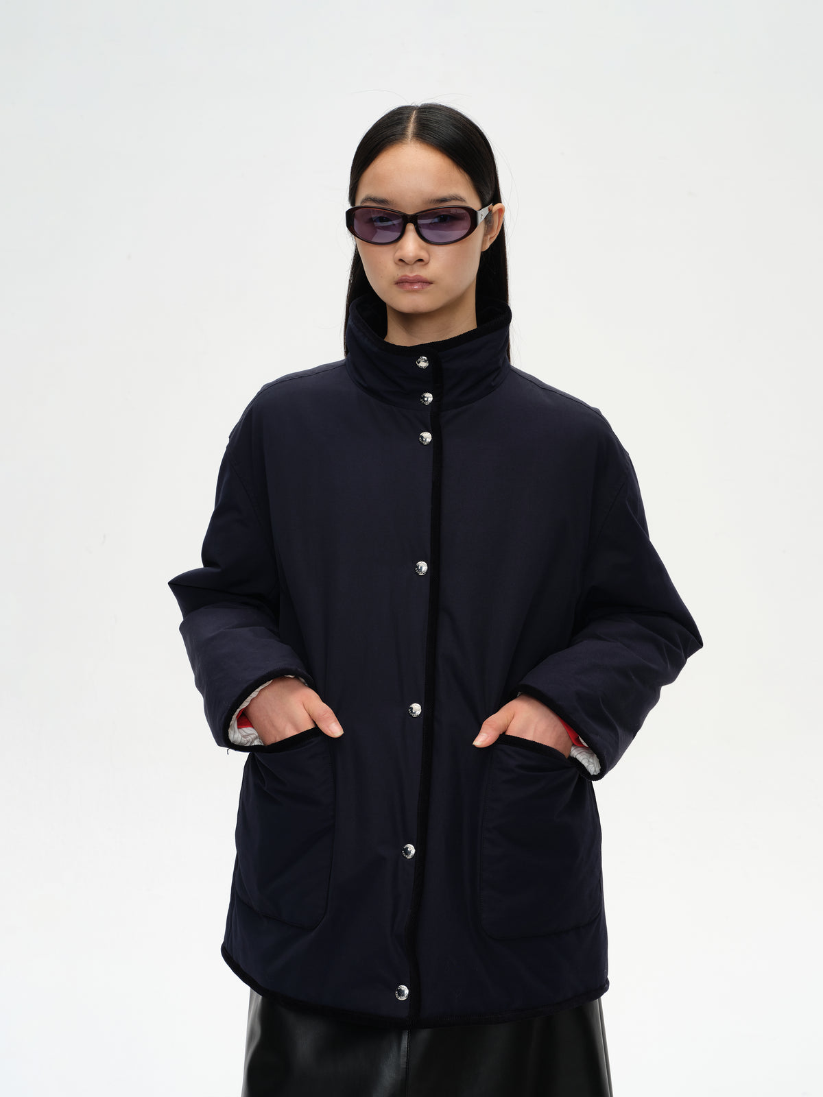 Corduroy Trim Stand Collar Padded Jacket