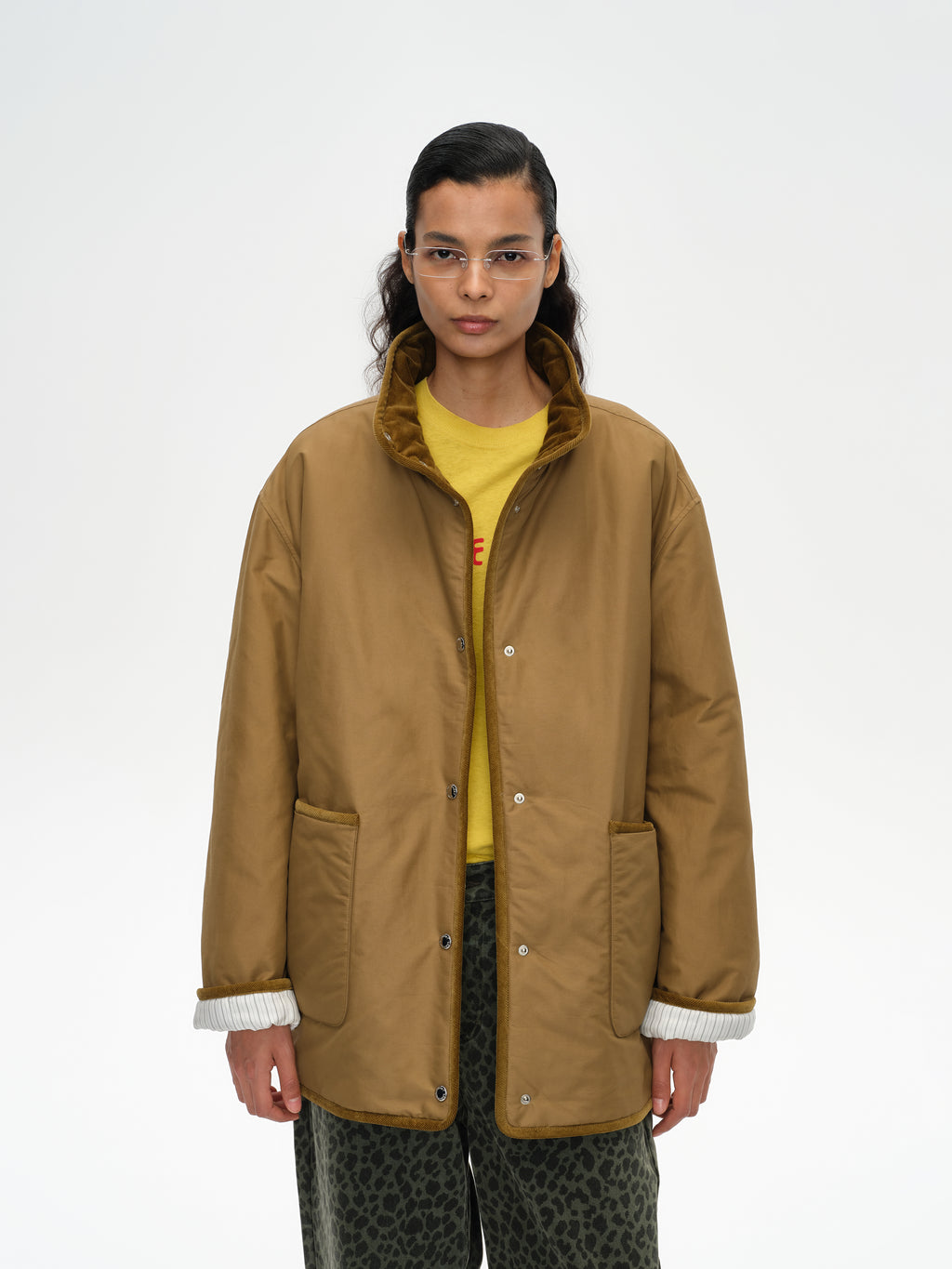 Corduroy Trim Stand Collar Padded Jacket