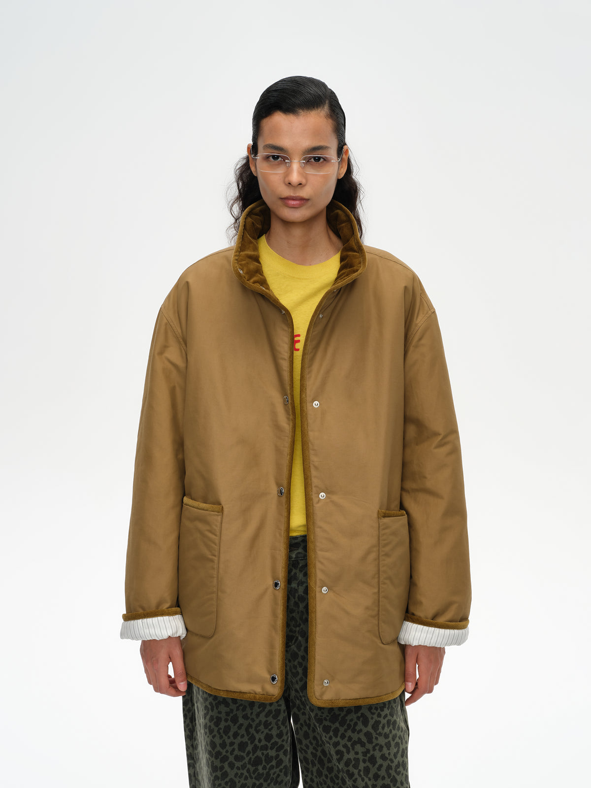 Corduroy Trim Stand Collar Padded Jacket