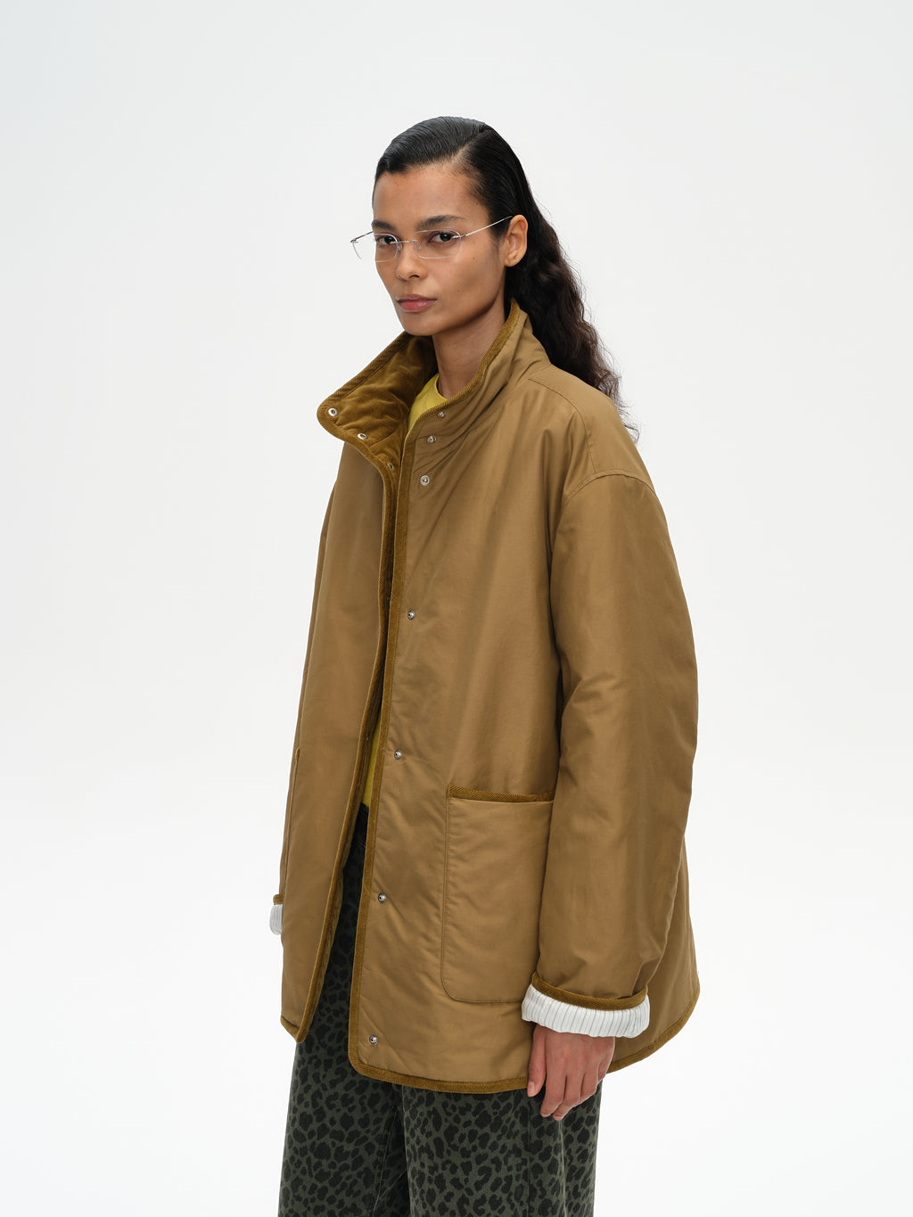 Corduroy Trim Stand Collar Padded Jacket
