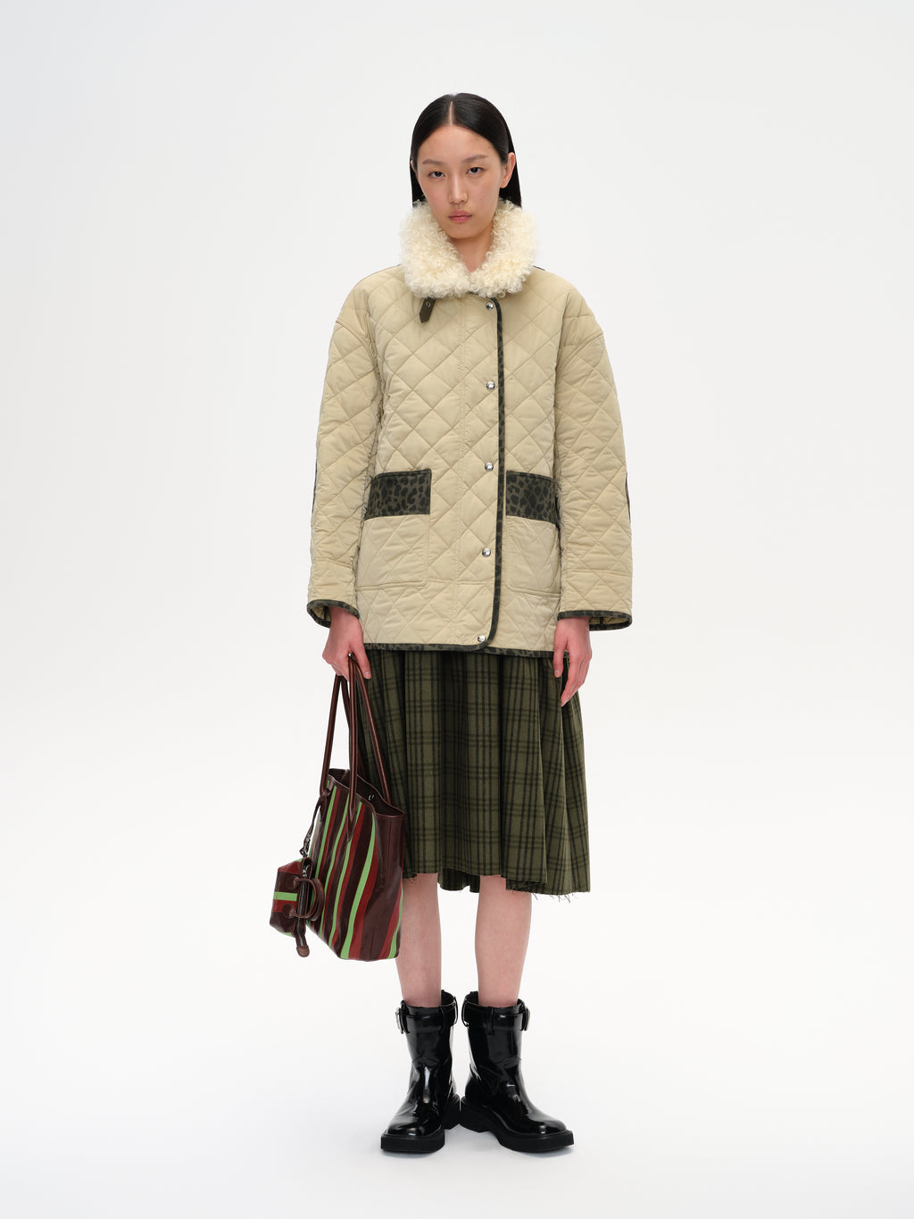 Patchwork Fur Collar Quilted Coat