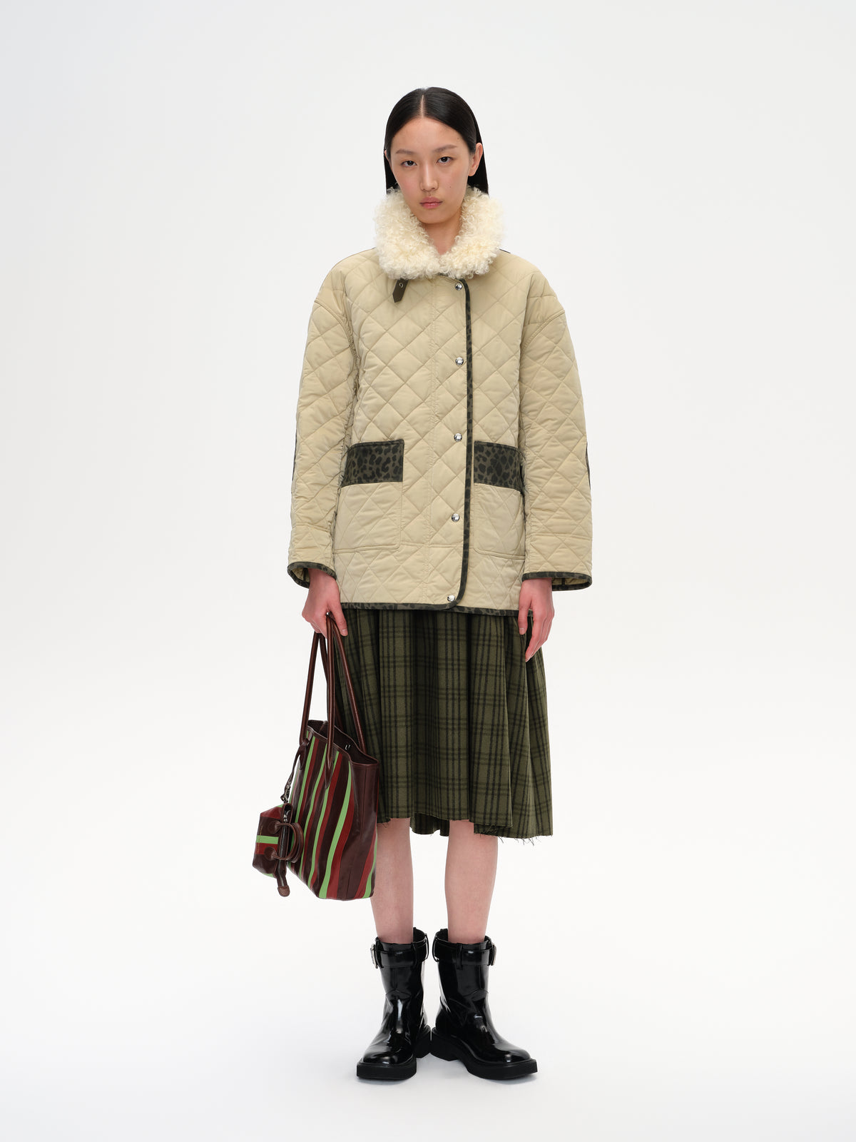 Patchwork Fur Collar Quilted Coat
