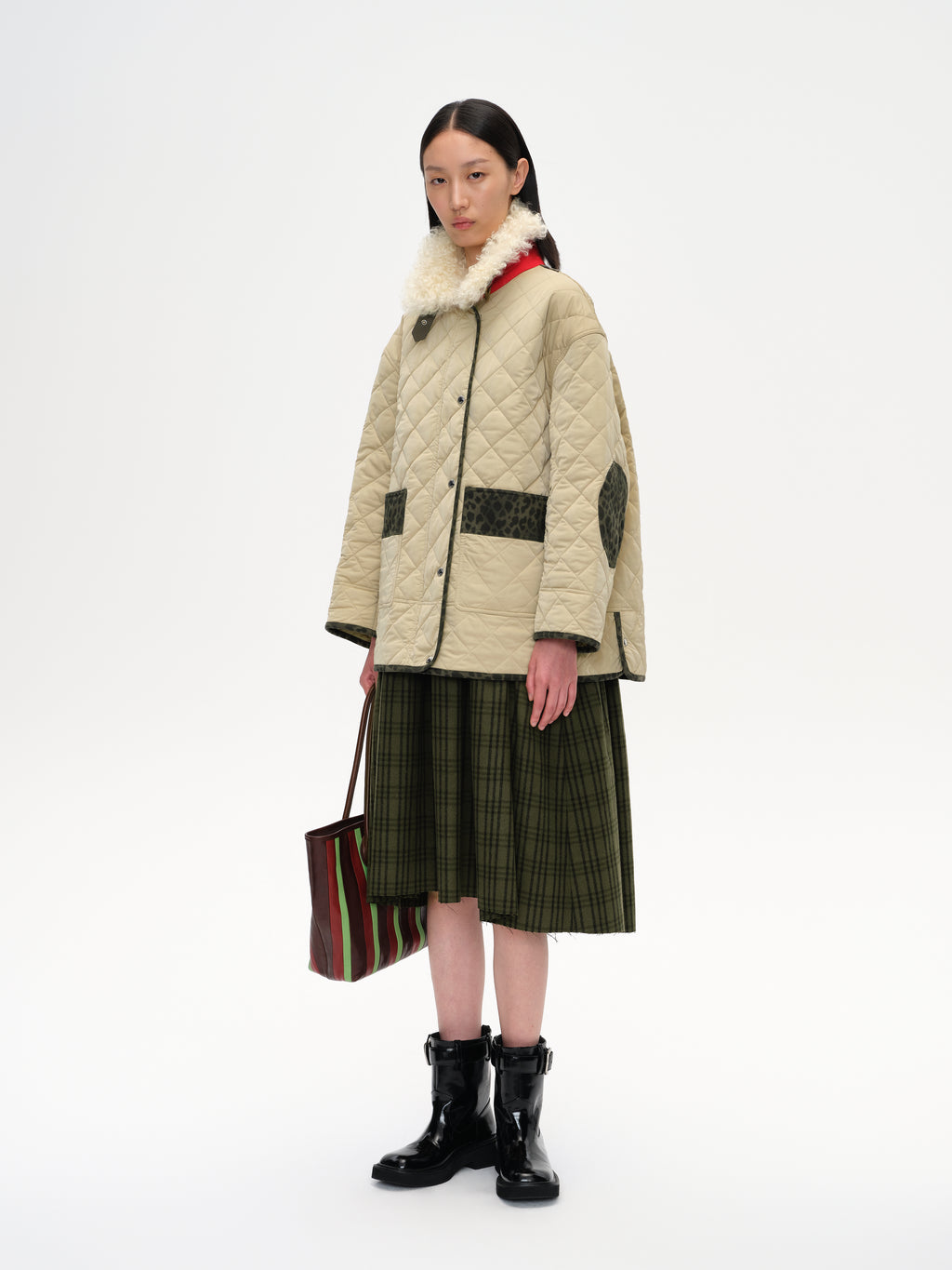 Patchwork Fur Collar Quilted Coat