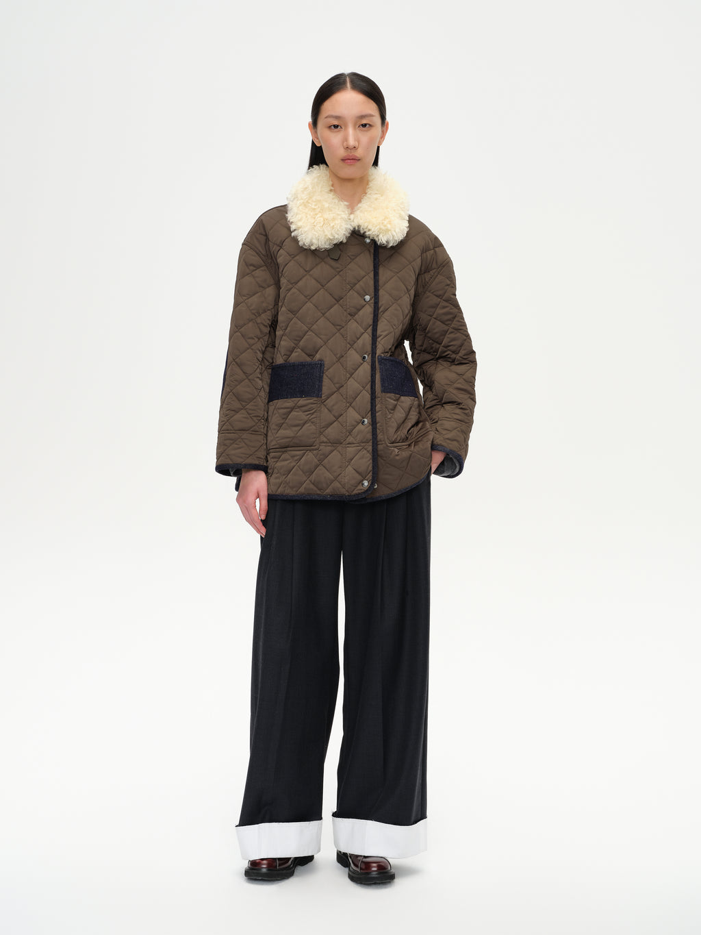 Patchwork Fur Collar Quilted Coat