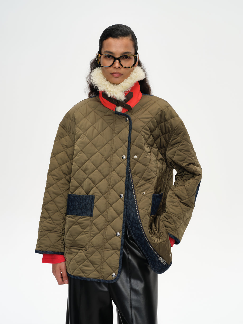 Patchwork Fur Collar Quilted Coat