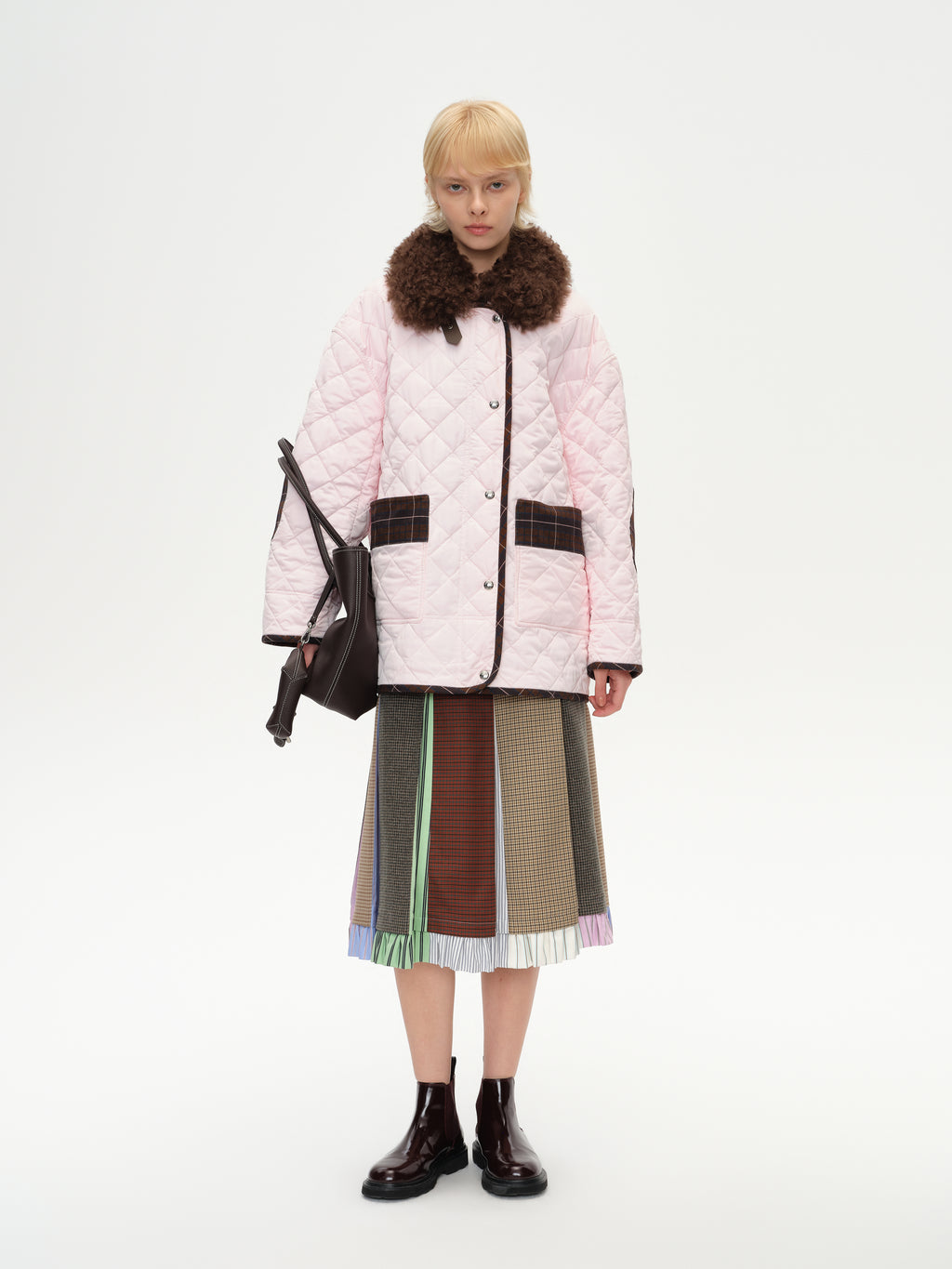 Patchwork Fur Collar Quilted Coat