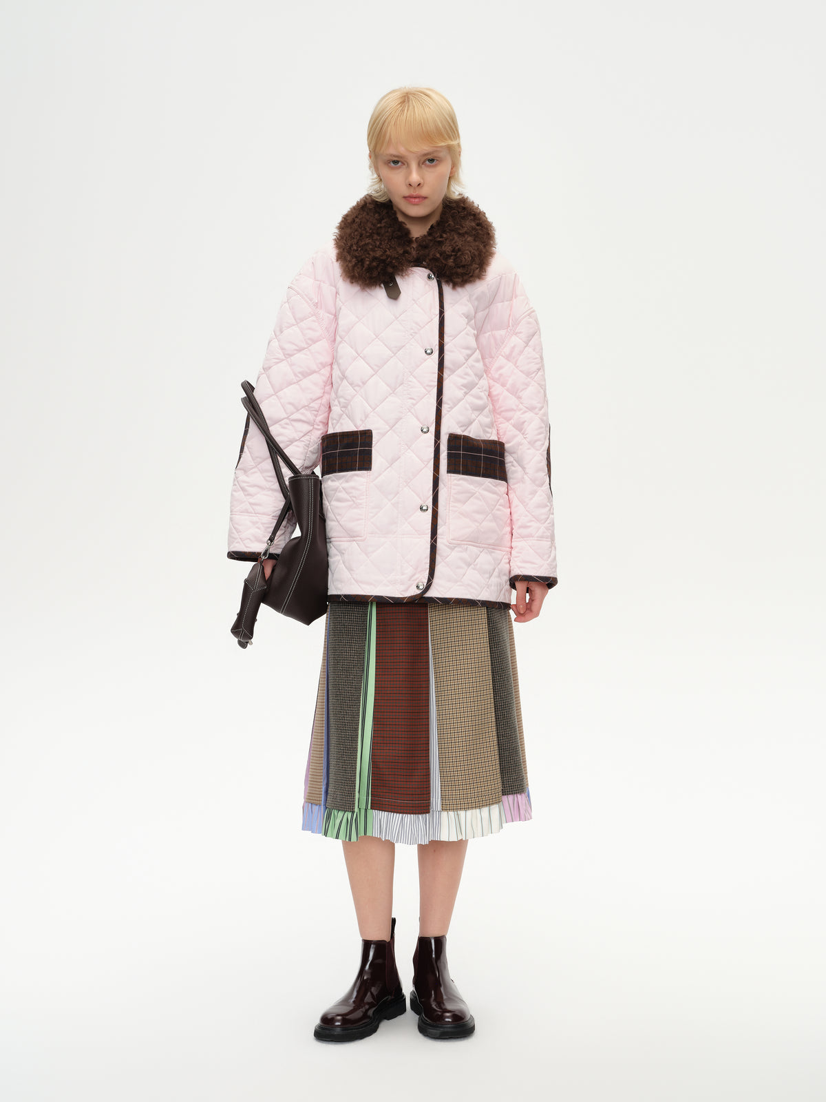 Patchwork Fur Collar Quilted Coat