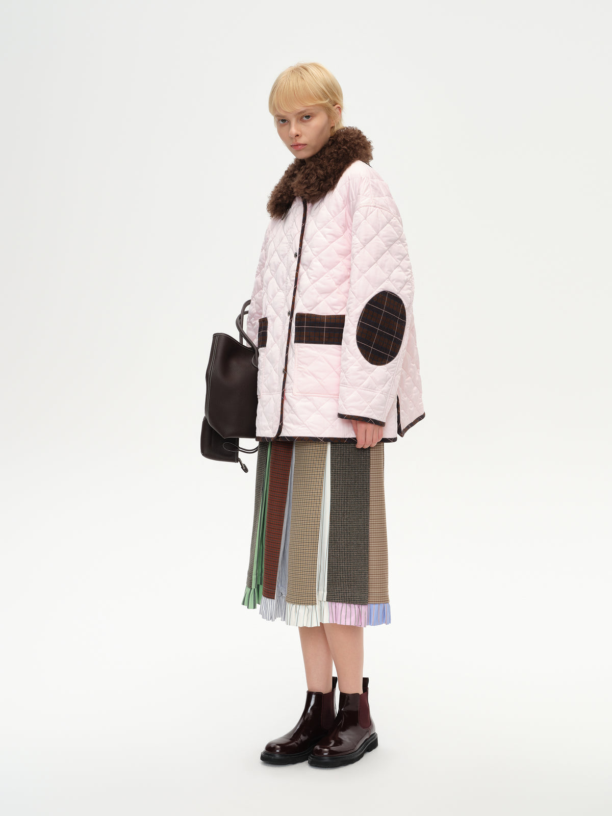 Patchwork Fur Collar Quilted Coat