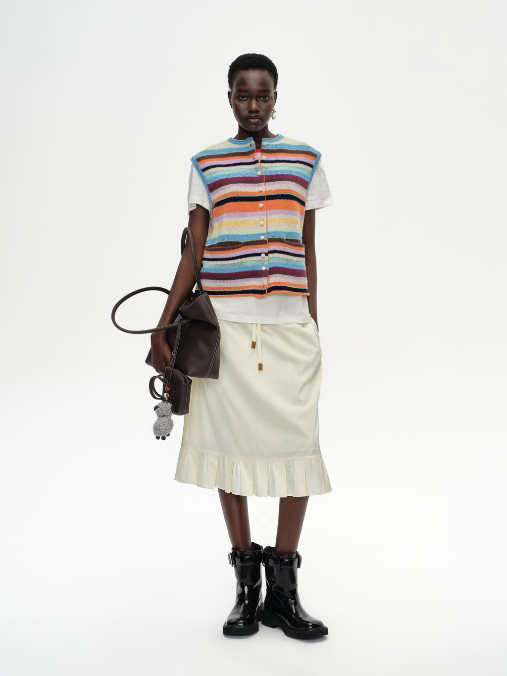 Ruffled tie-up glossy midi skirt