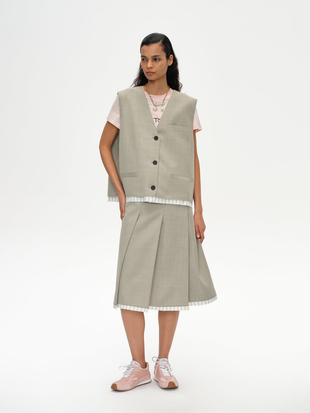 Slanting Pleated Midi Skirt