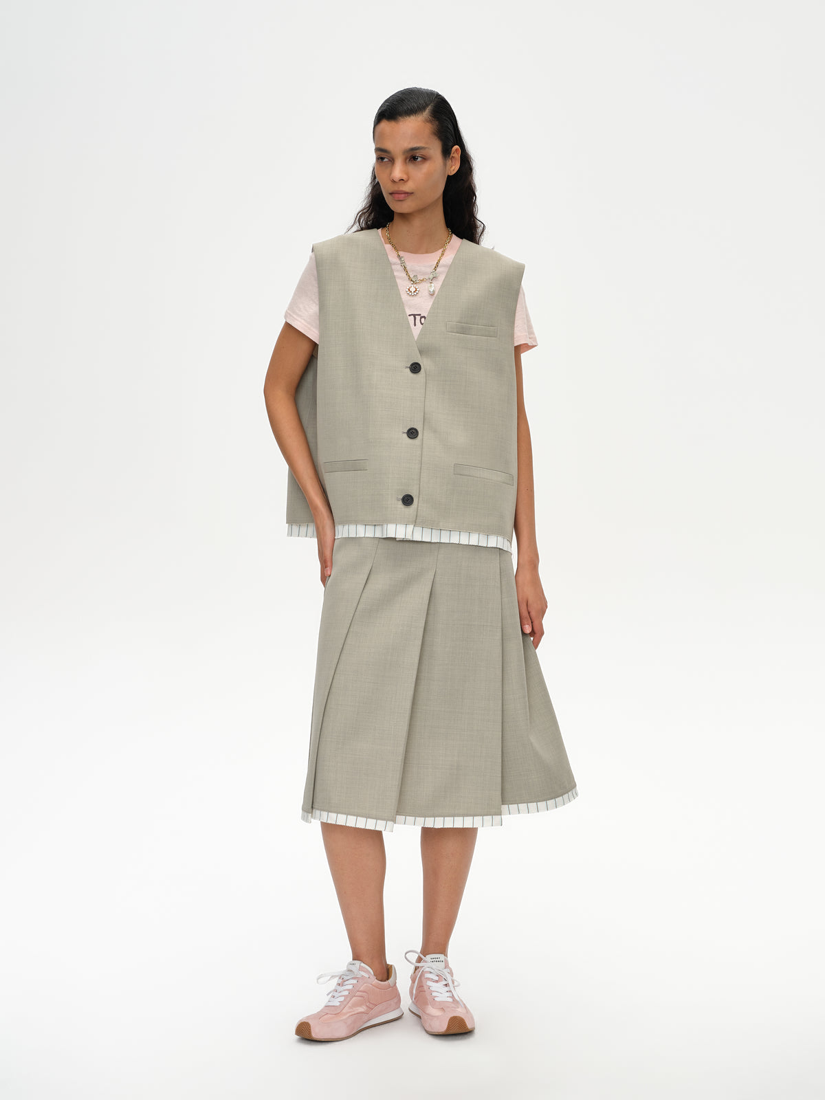 Slanting Pleated Midi Skirt