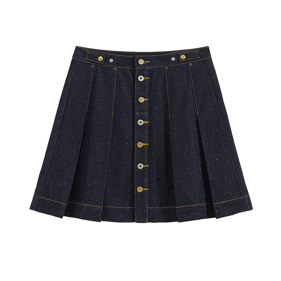 Pleated Polka Dot Denim Skirt