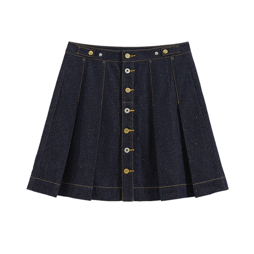 Pleated Polka Dot Denim Skirt