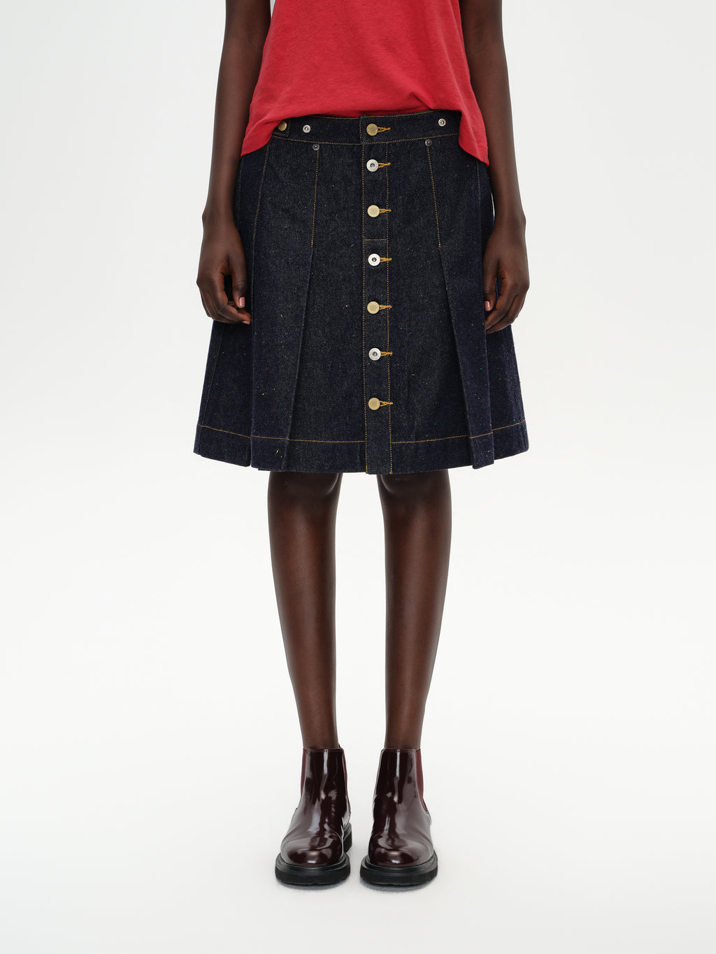 Pleated Polka Dot Denim Skirt