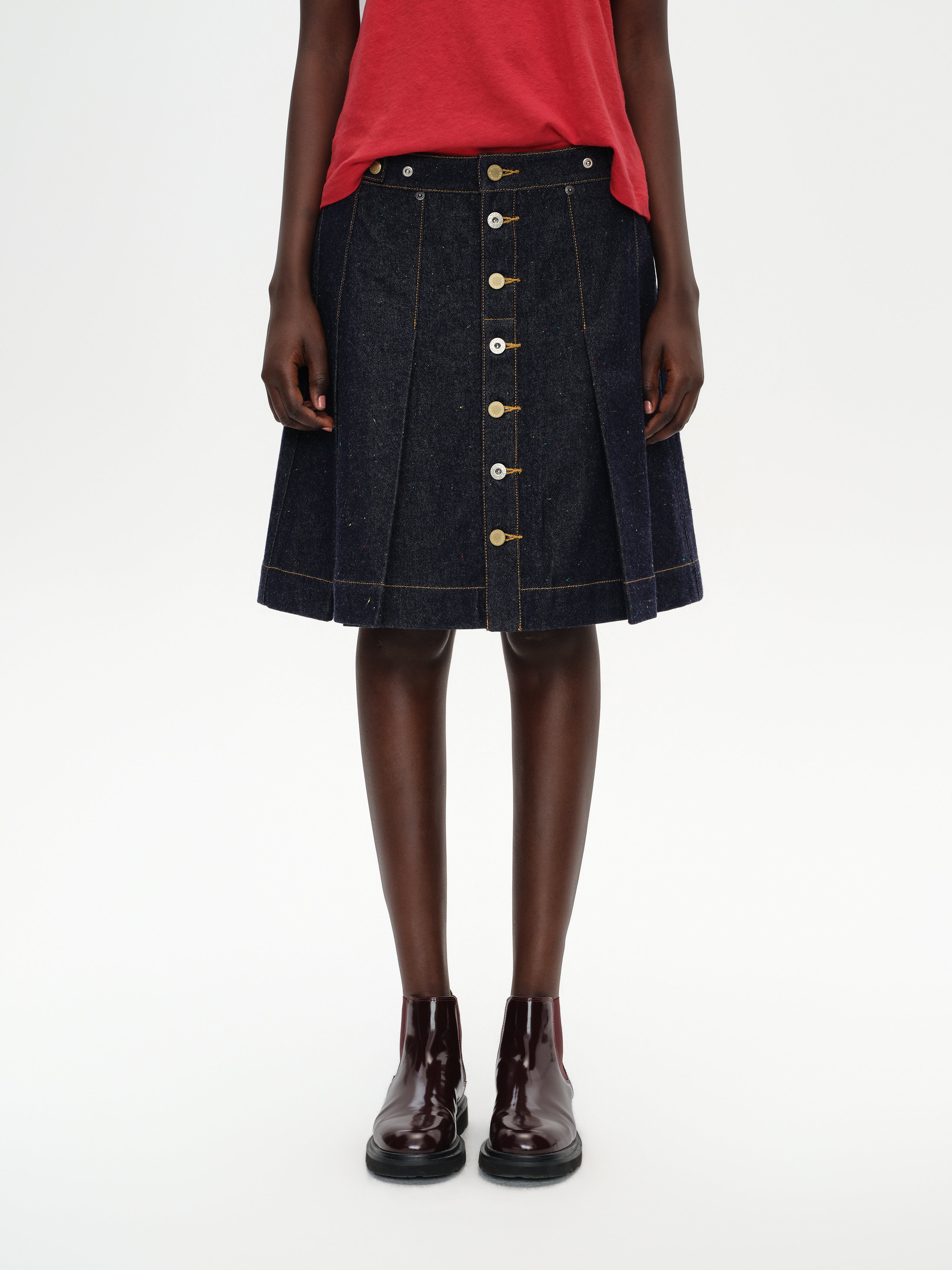 Pleated Polka Dot Denim Skirt