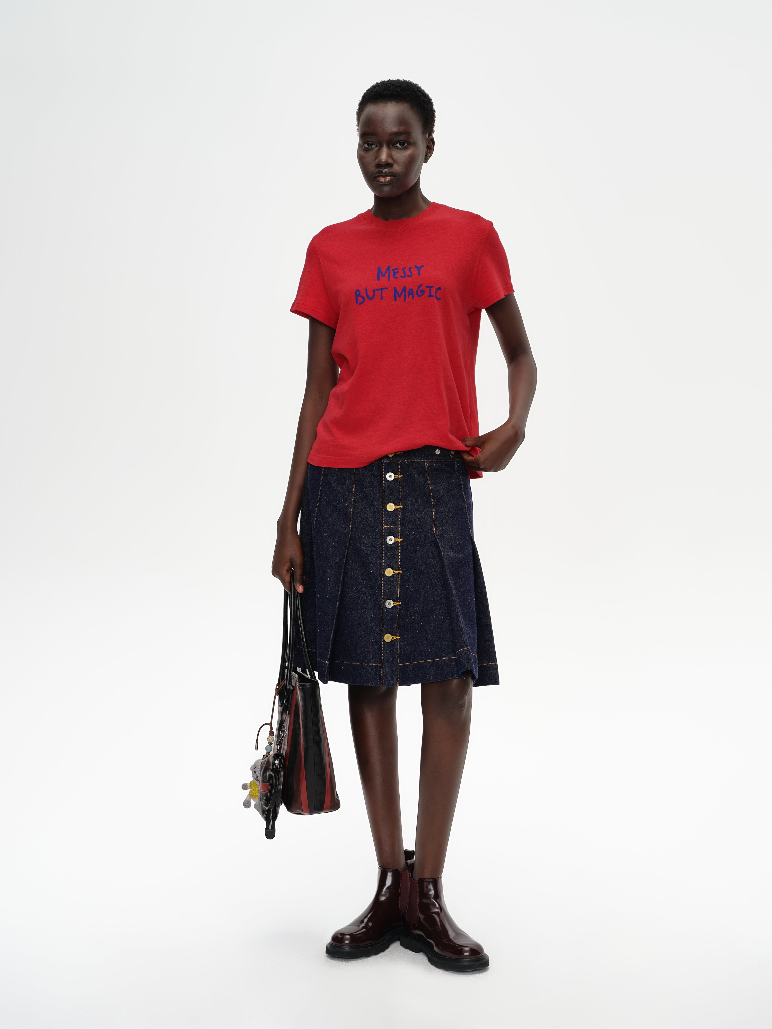 Pleated Polka Dot Denim Skirt