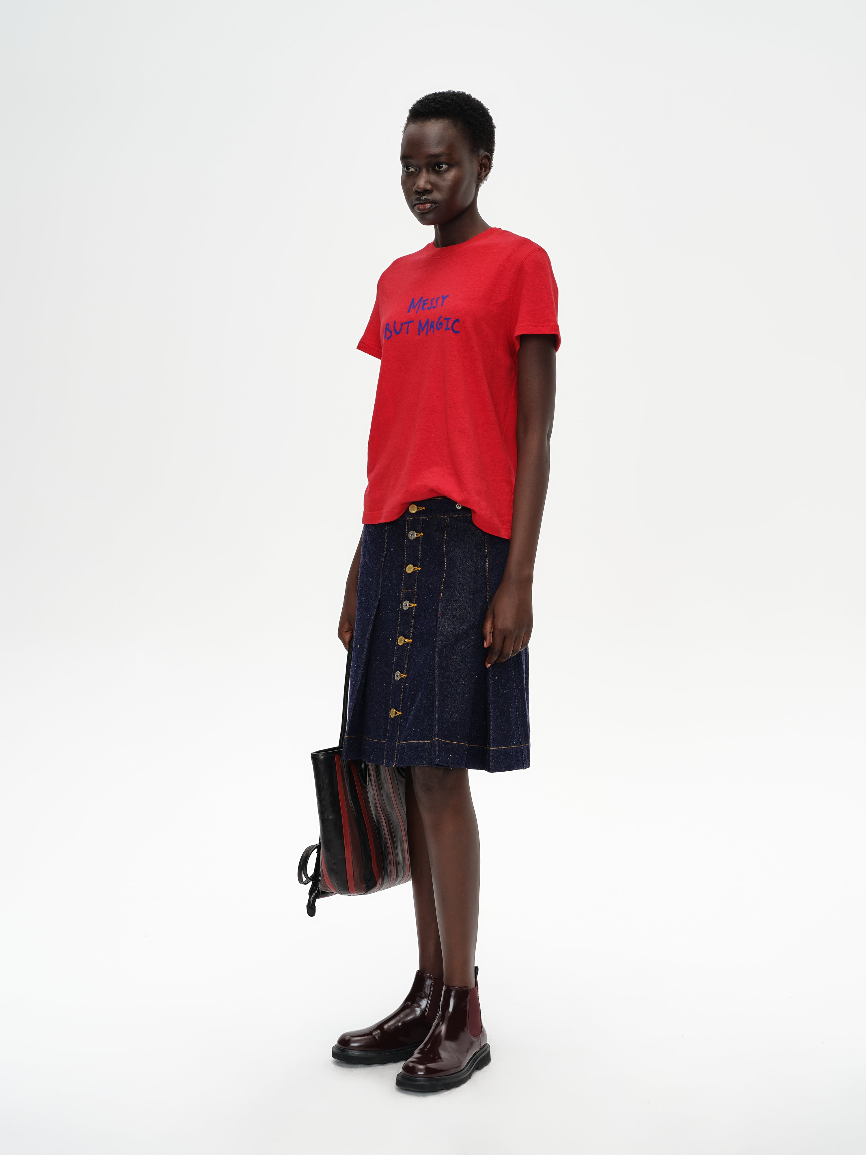 Pleated Polka Dot Denim Skirt