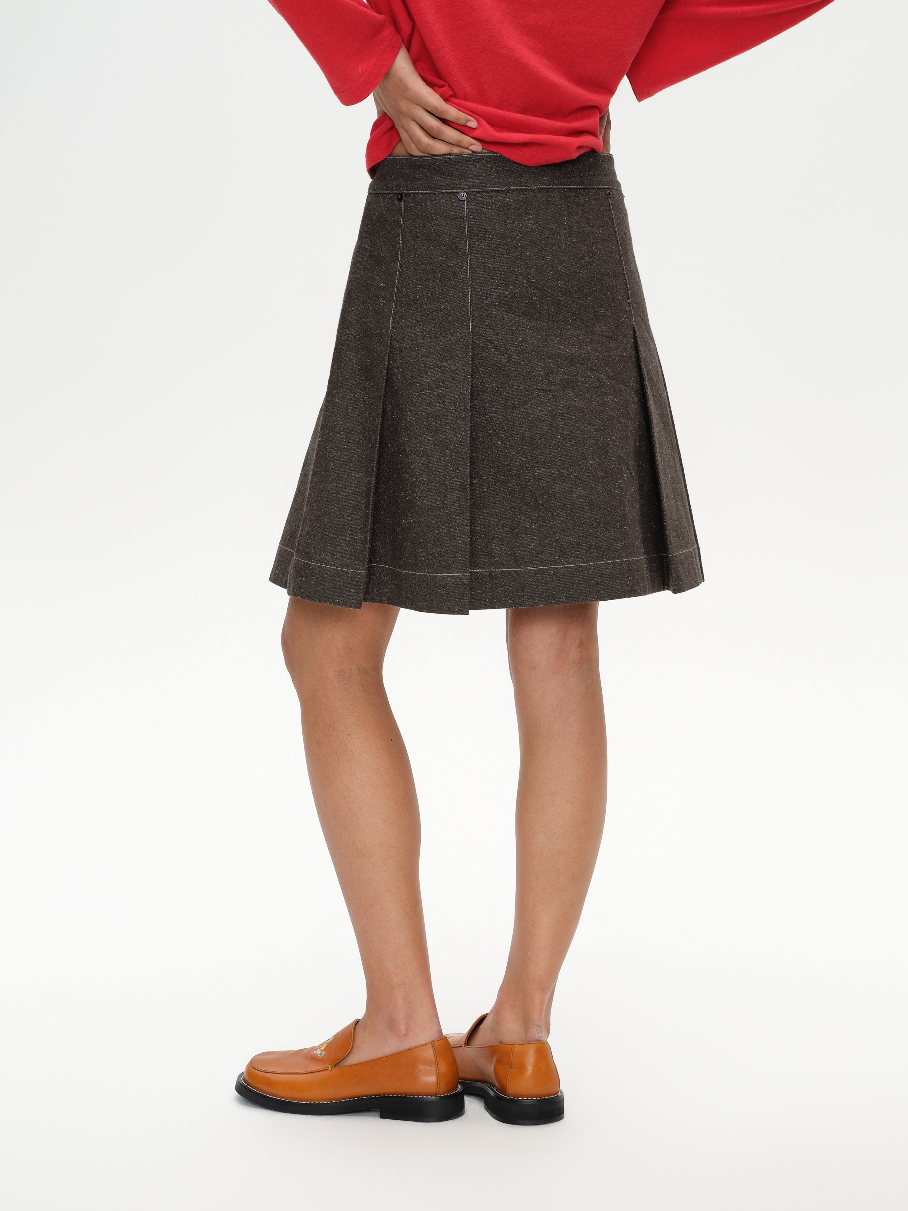 Pleated Polka Dot Denim Skirt