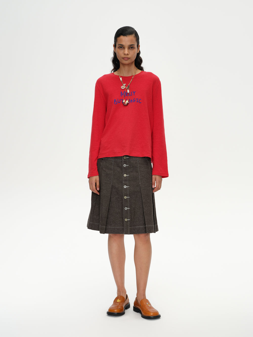 Pleated Polka Dot Denim Skirt