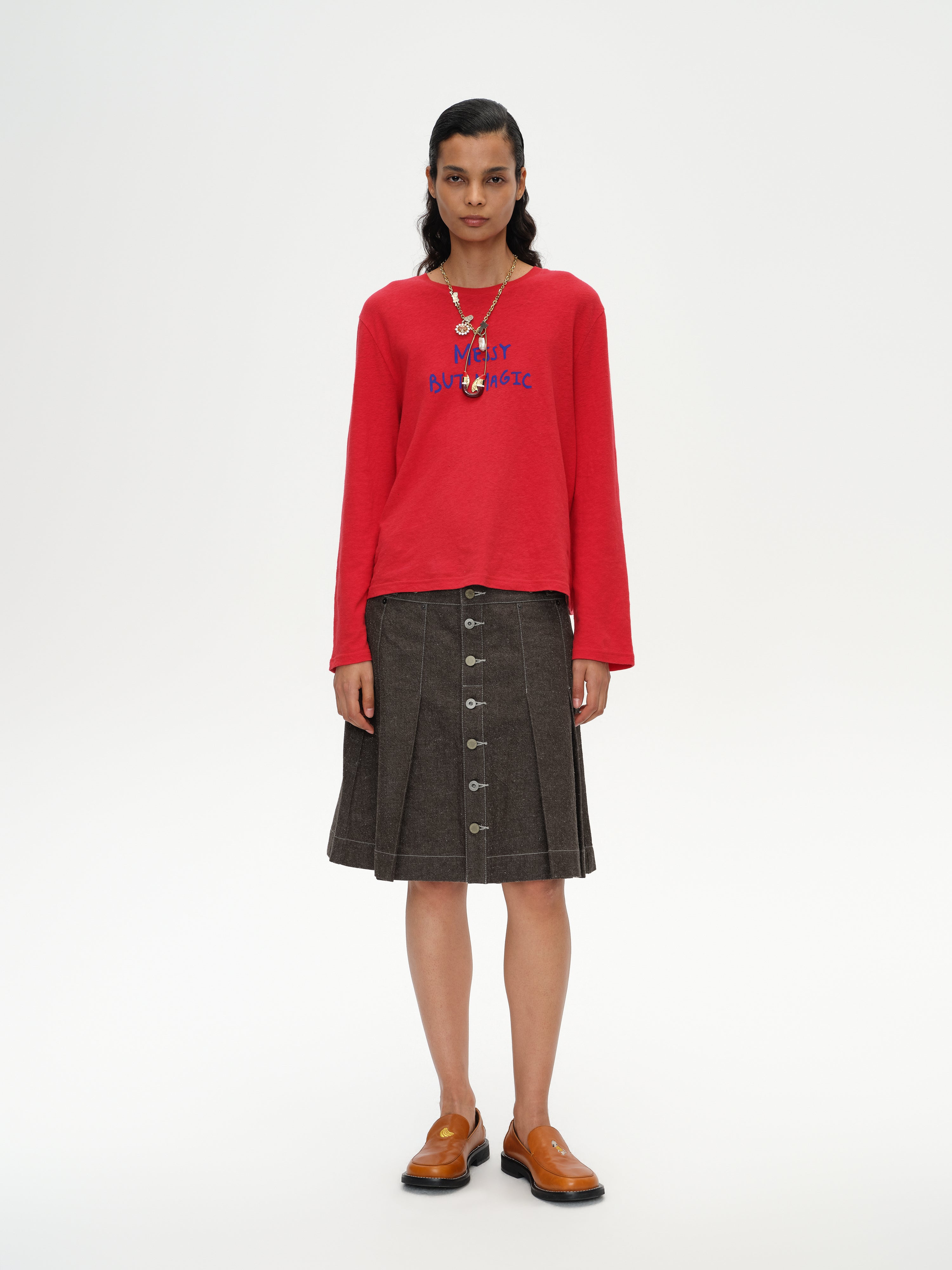Pleated Polka Dot Denim Skirt