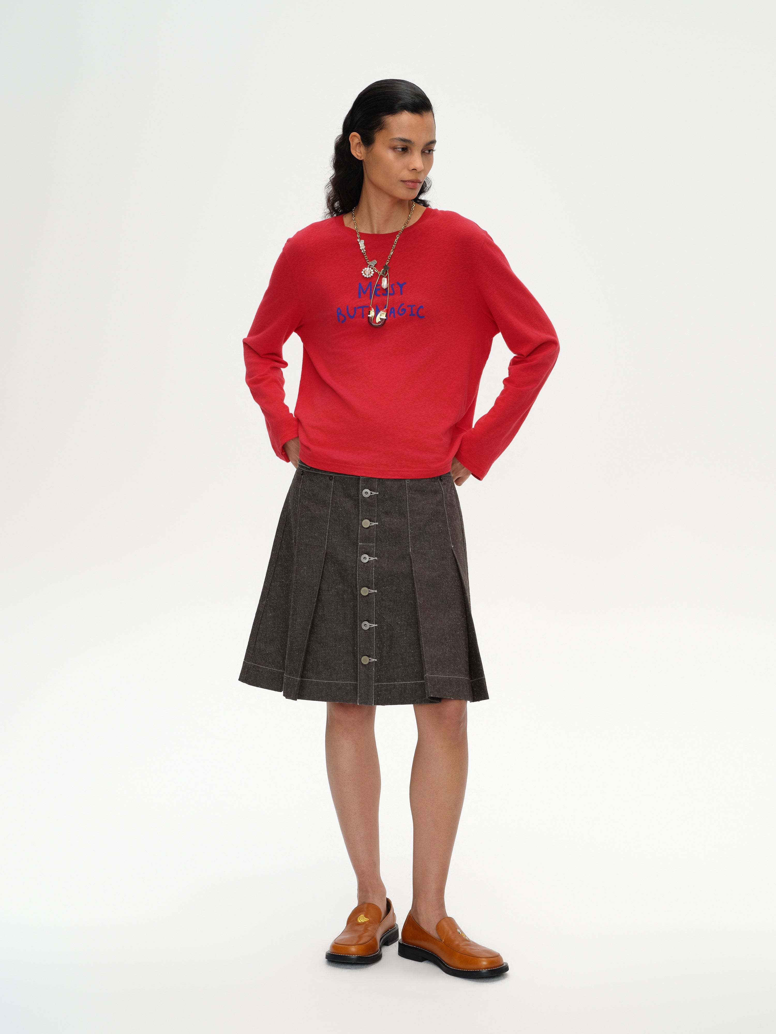 Pleated Polka Dot Denim Skirt