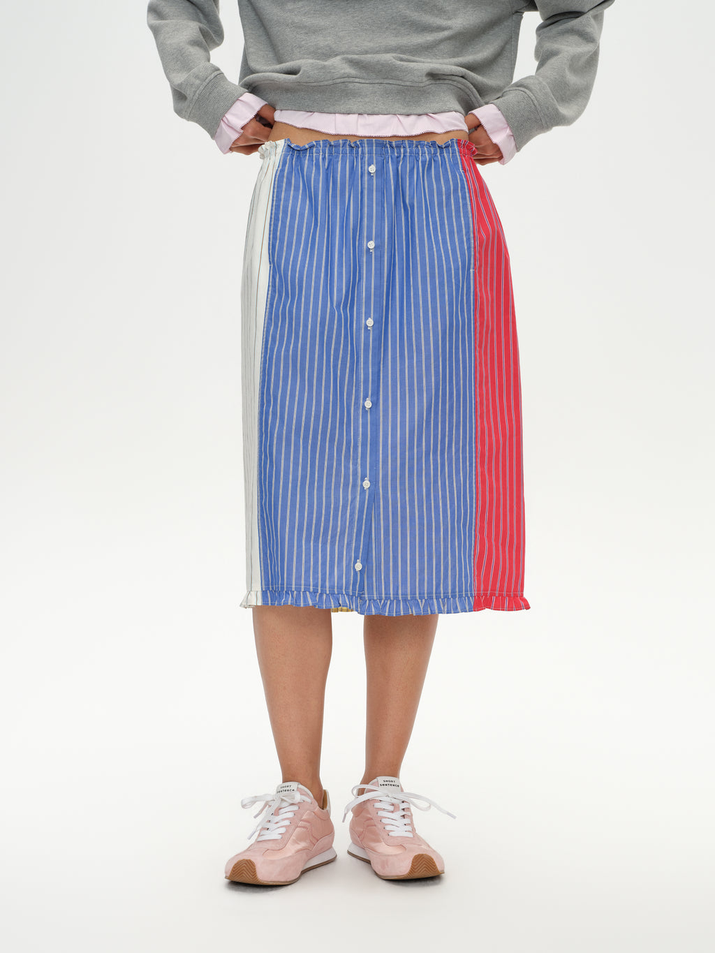 Color-Block Striped Ruffled Pencil Skirt