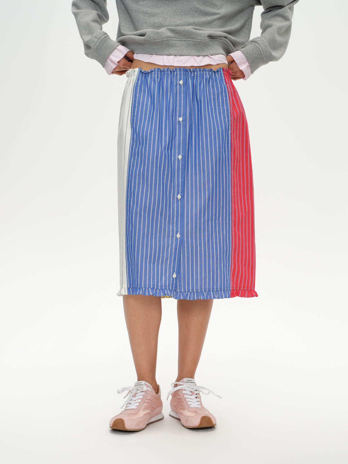 Color-Block Striped Ruffled Pencil Skirt