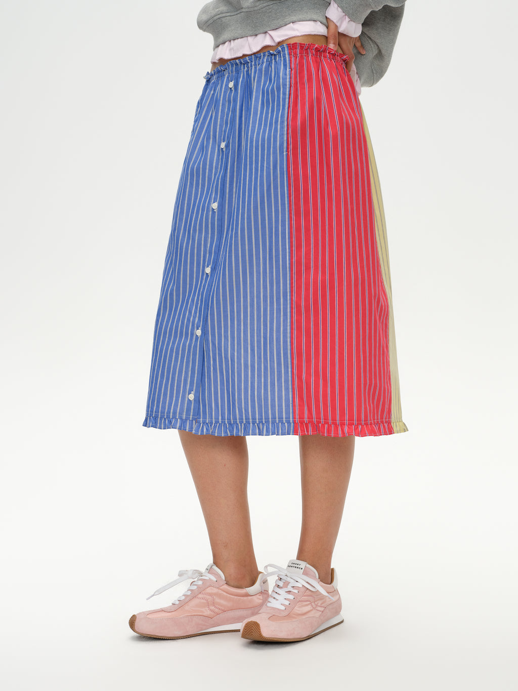 Color-Block Striped Ruffled Pencil Skirt