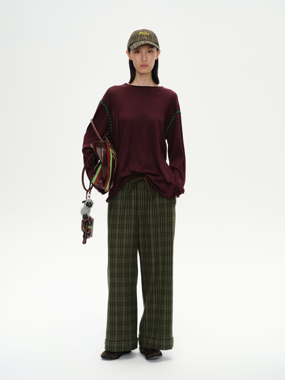 Color Block Waist Cuffed Check Pants