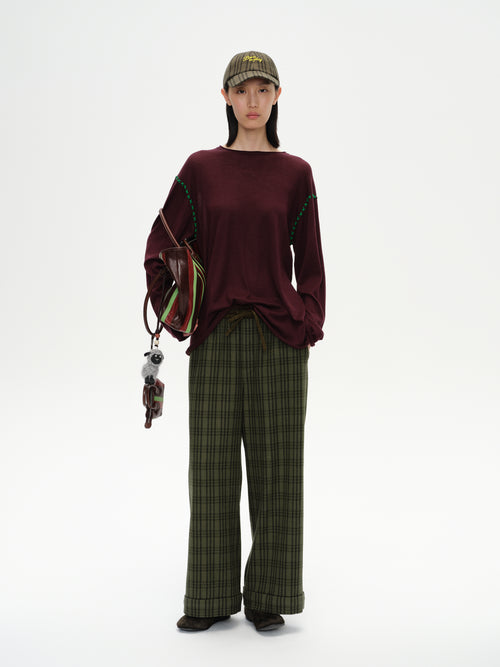 Color Block Waist Cuffed Check Pants