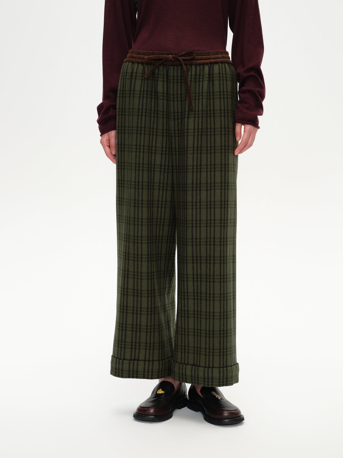 Color Block Waist Cuffed Check Pants