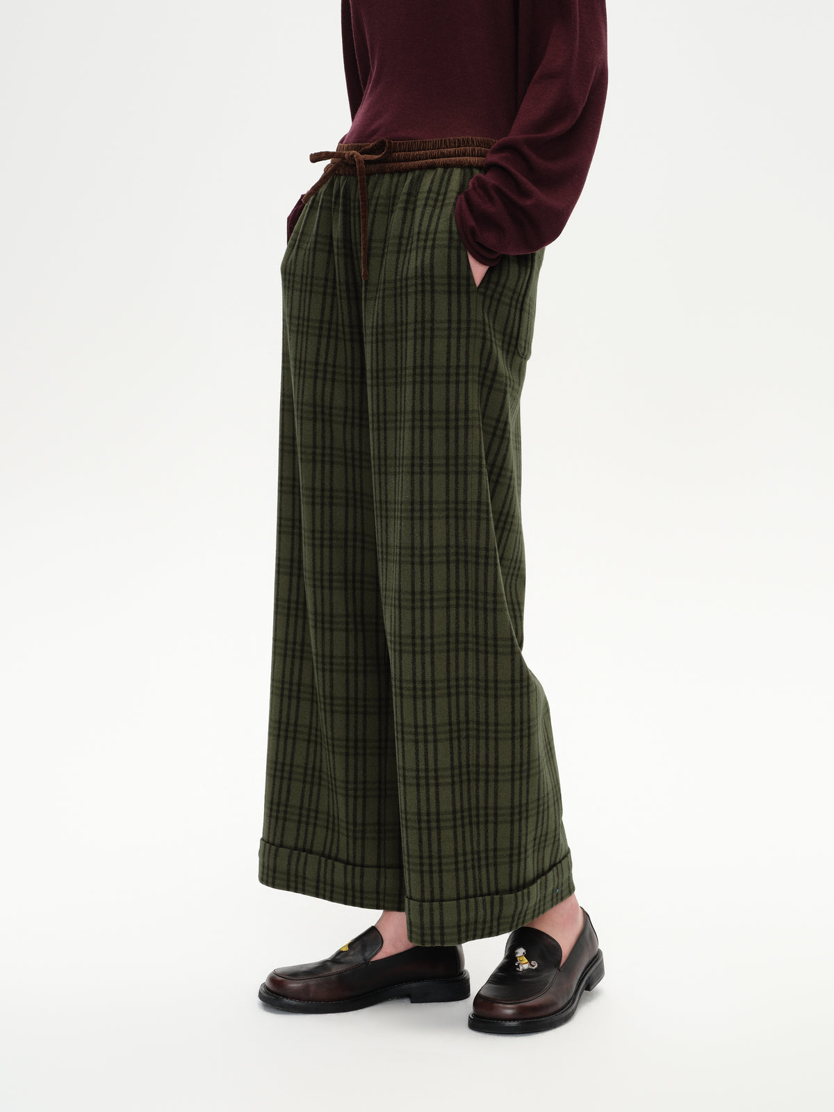 Color Block Waist Cuffed Check Pants