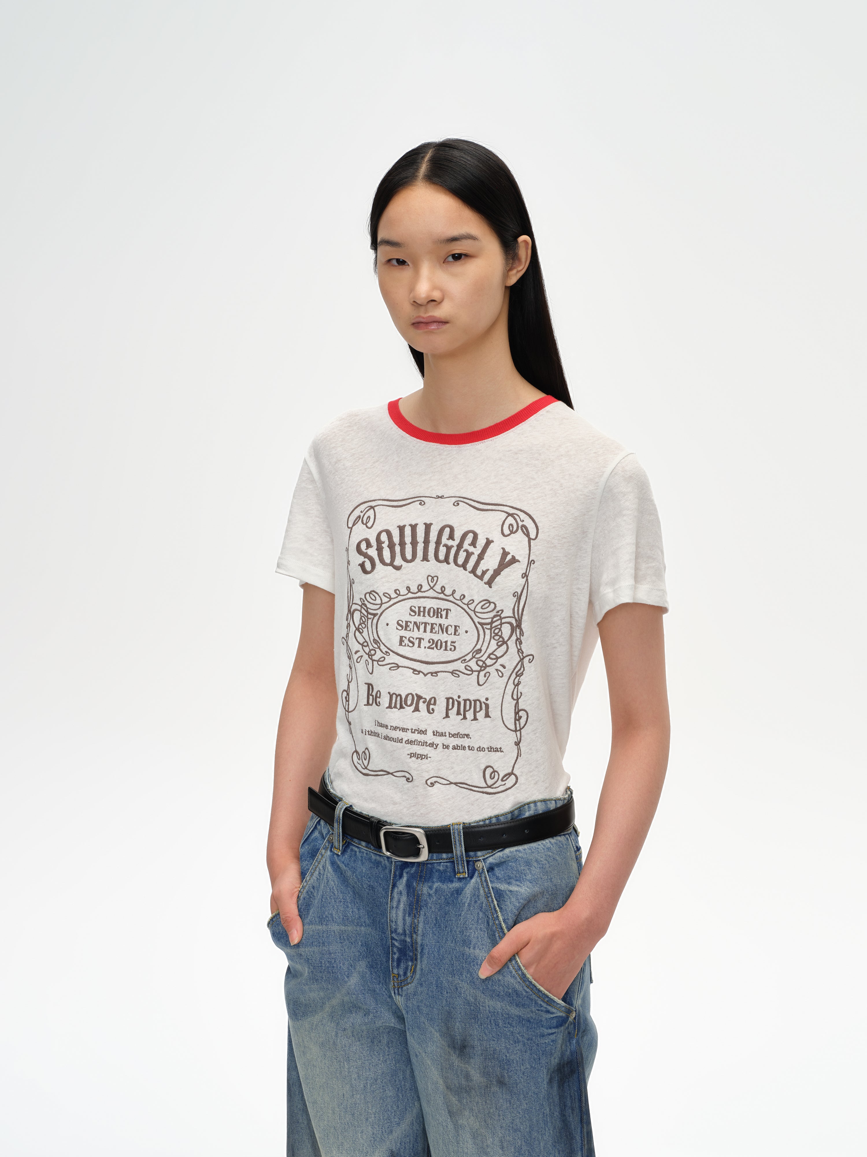 Color-Block Collar Fitted Embroidered T-Shirt