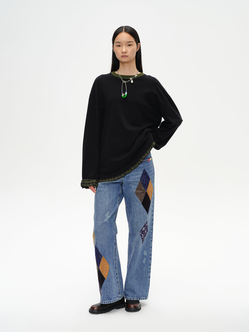 Oversized Plaid Trim T-Shirt