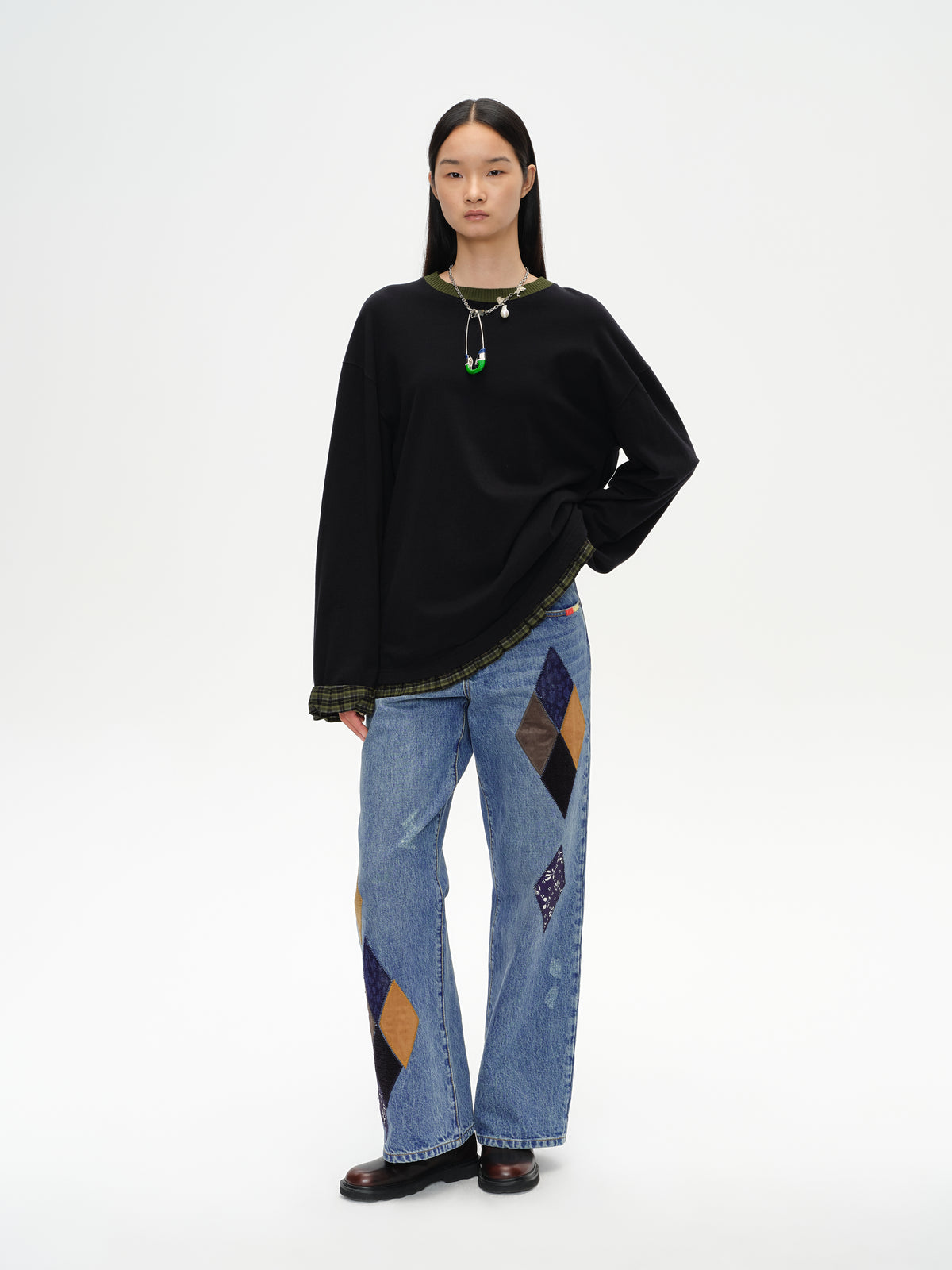 Oversized Plaid Trim T-Shirt
