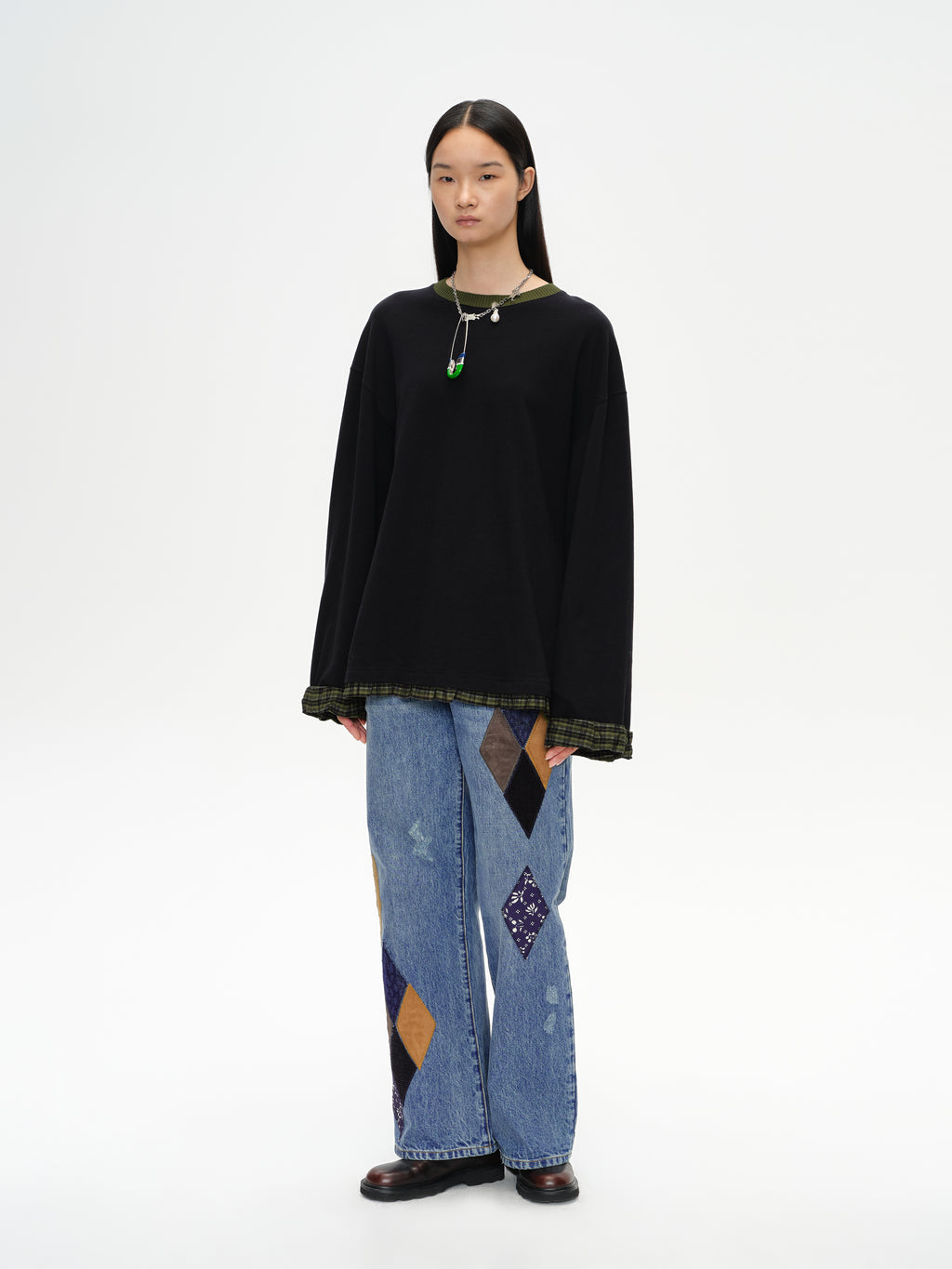 Oversized Plaid Trim T-Shirt