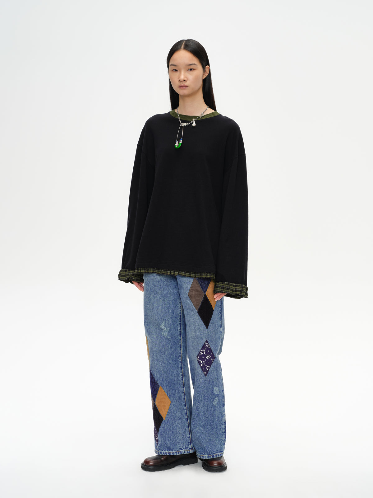 Oversized Plaid Trim T-Shirt