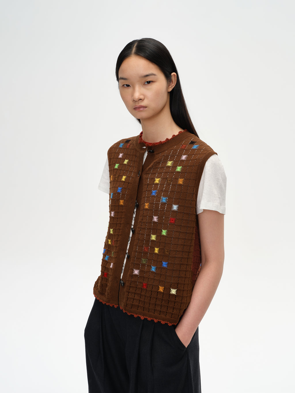 Hollow Out Cross‑Stitch Crew Neck Knit Vest
