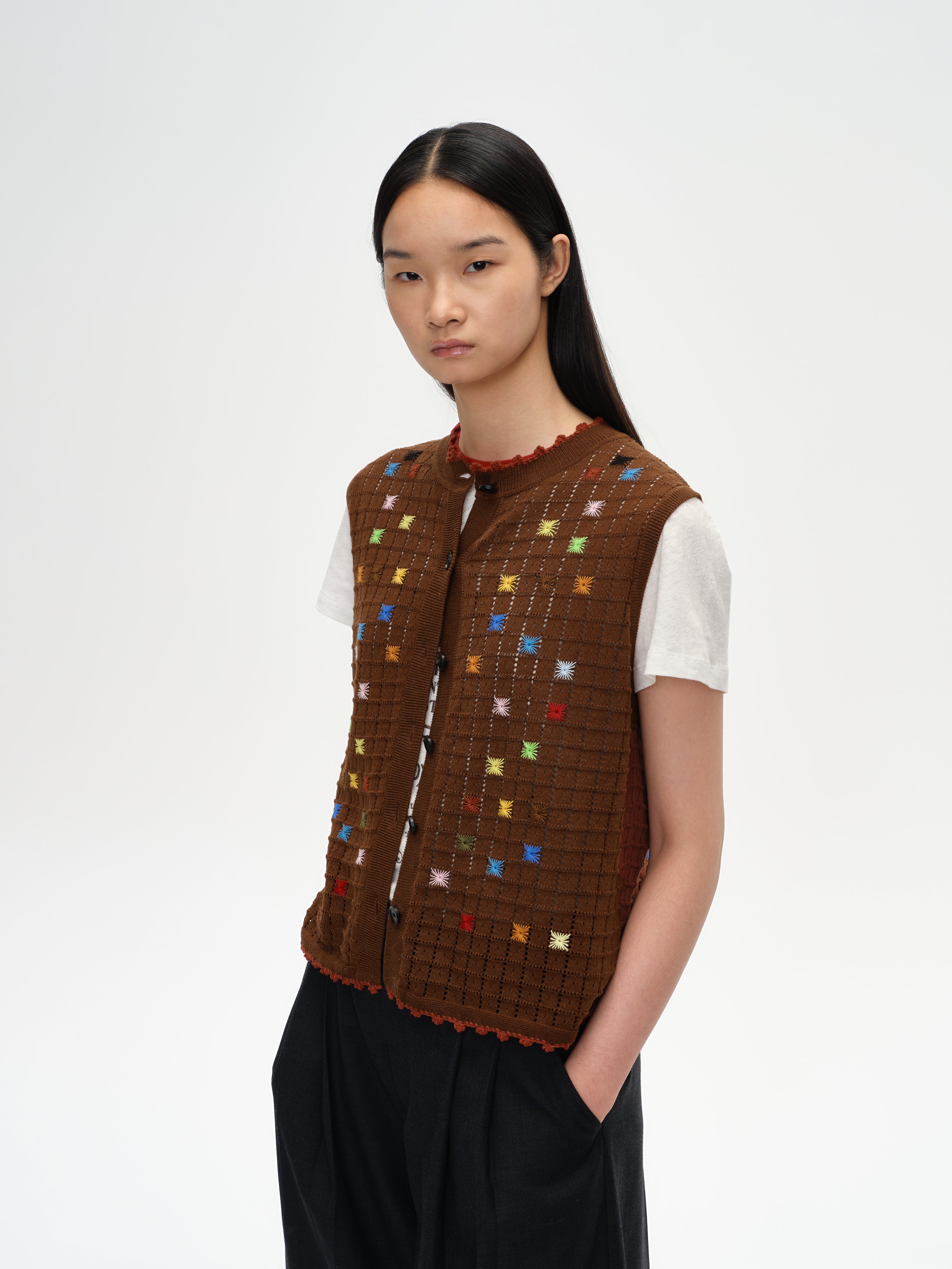 Hollow Out Cross‑Stitch Crew Neck Knit Vest