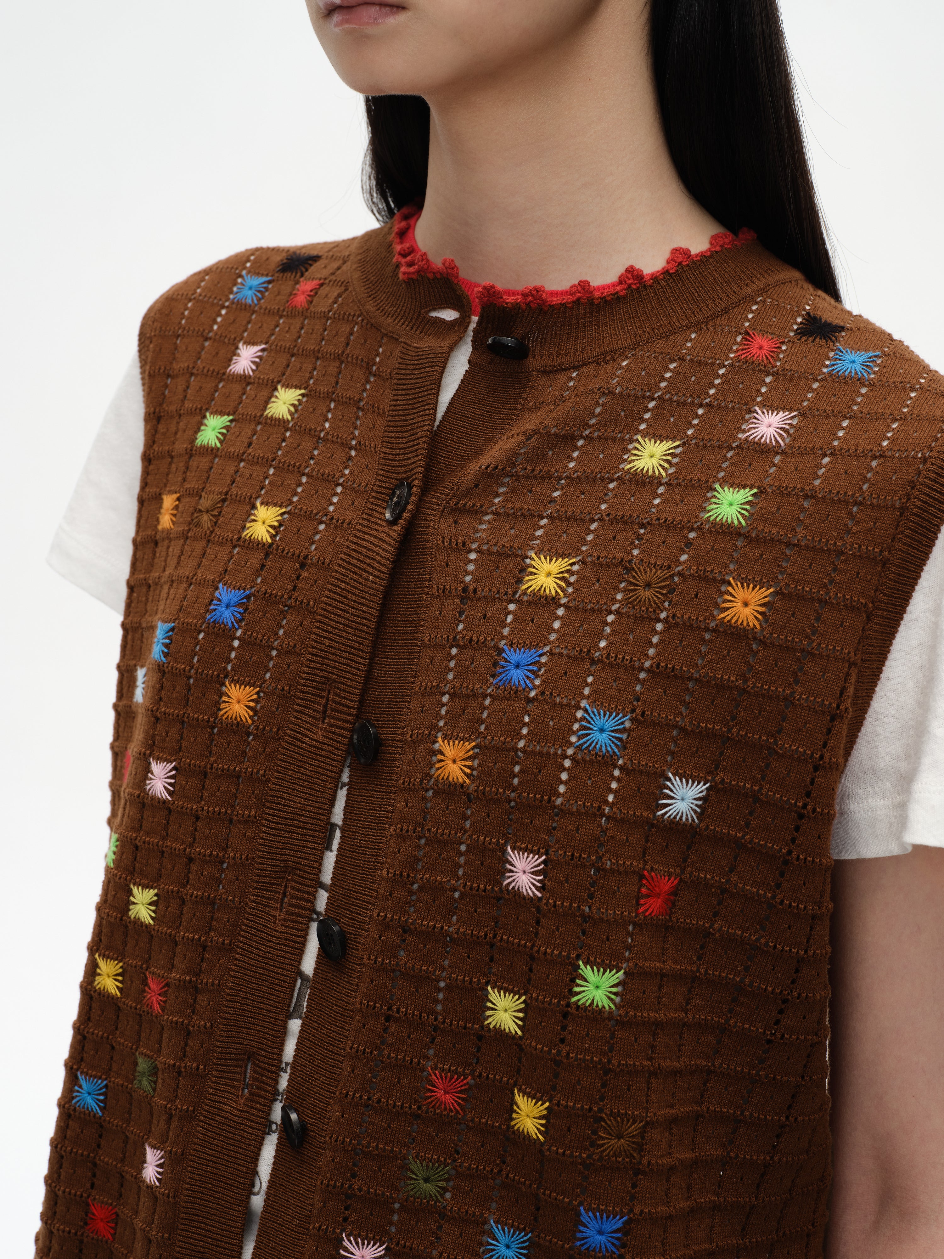 Hollow Out Cross‑Stitch Crew Neck Knit Vest