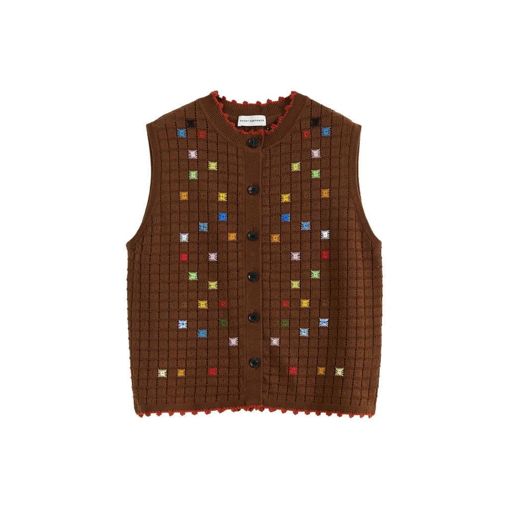Hollow Out Cross‑Stitch Crew Neck Knit Vest
