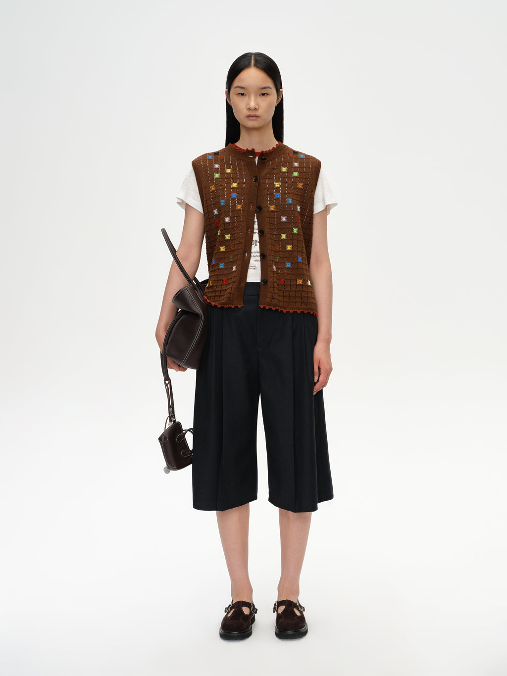 Hollow Out Cross‑Stitch Crew Neck Knit Vest