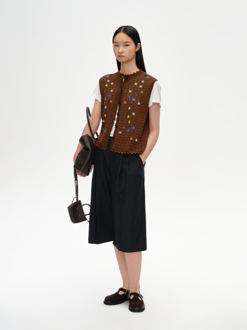 Hollow Out Cross‑Stitch Crew Neck Knit Vest