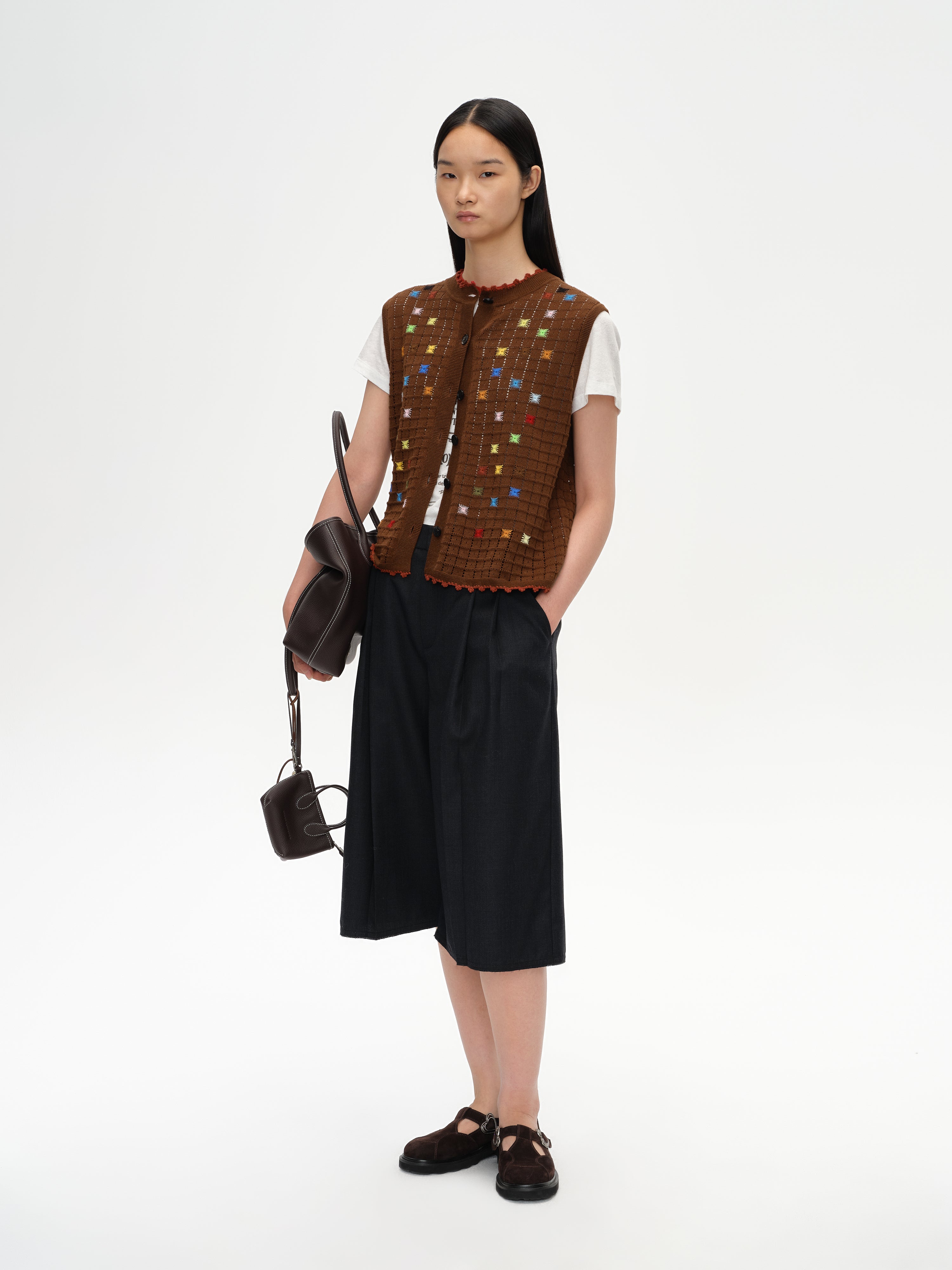 Hollow Out Cross‑Stitch Crew Neck Knit Vest